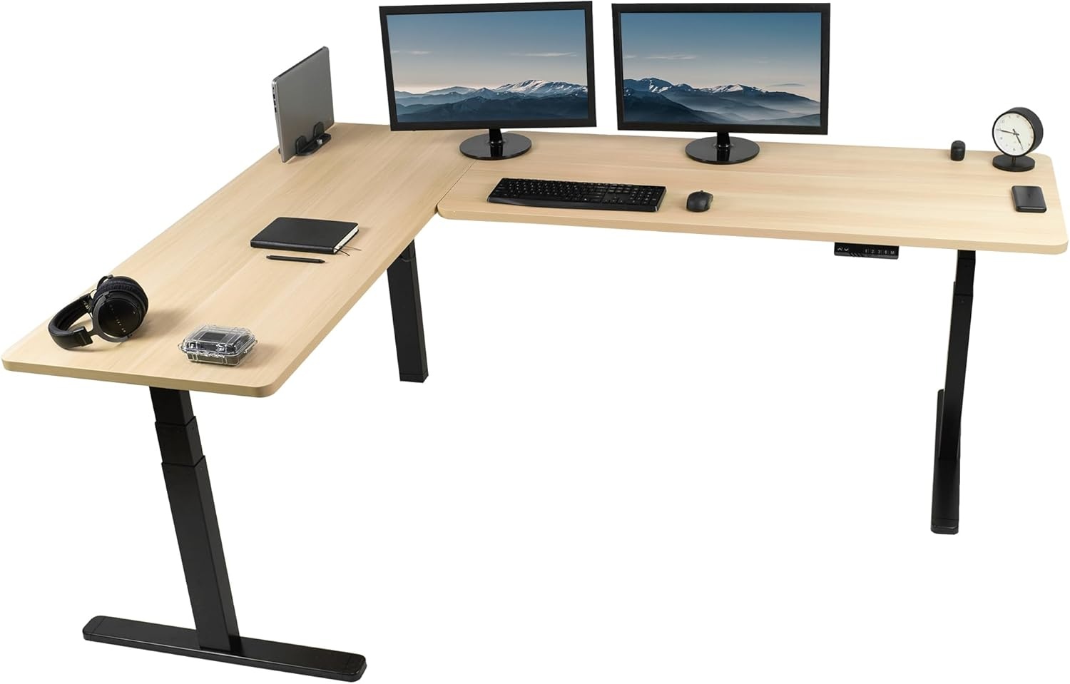 image:imageVIVO Electric Height Adjustable 83 x 60 inch Corner Stand Up Desk 2 Dark Gray Solid Table Tops Black Frame Memory Controller LShaped Workstation 3E Series DESKKIT3E8GLight Wood Top Black Frame