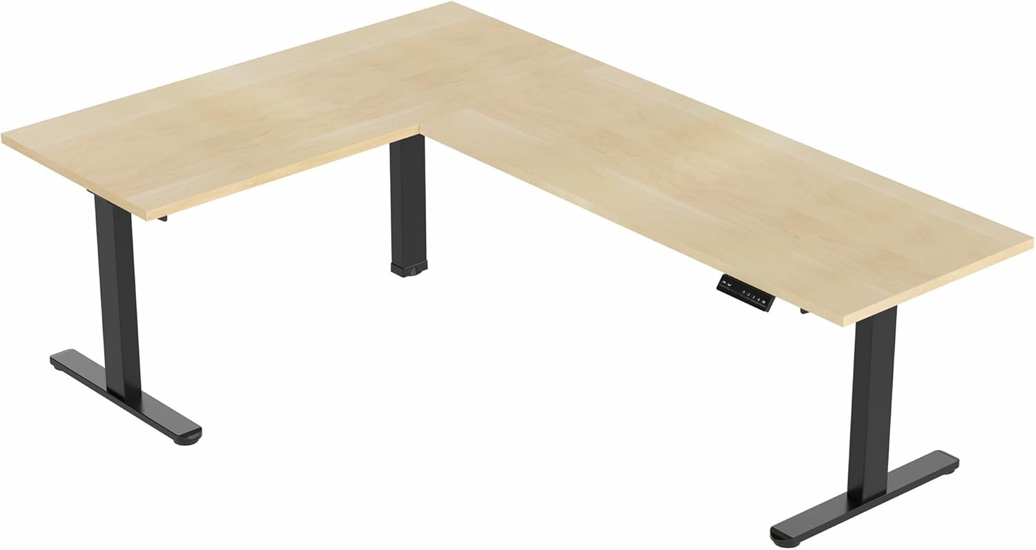 image:imageVIVO Electric Height Adjustable 83 x 60 inch Corner Stand Up Desk 2 Dark Gray Solid Table Tops Black Frame Memory Controller LShaped Workstation 3E Series DESKKIT3E8GLight Wood Top Black Frame