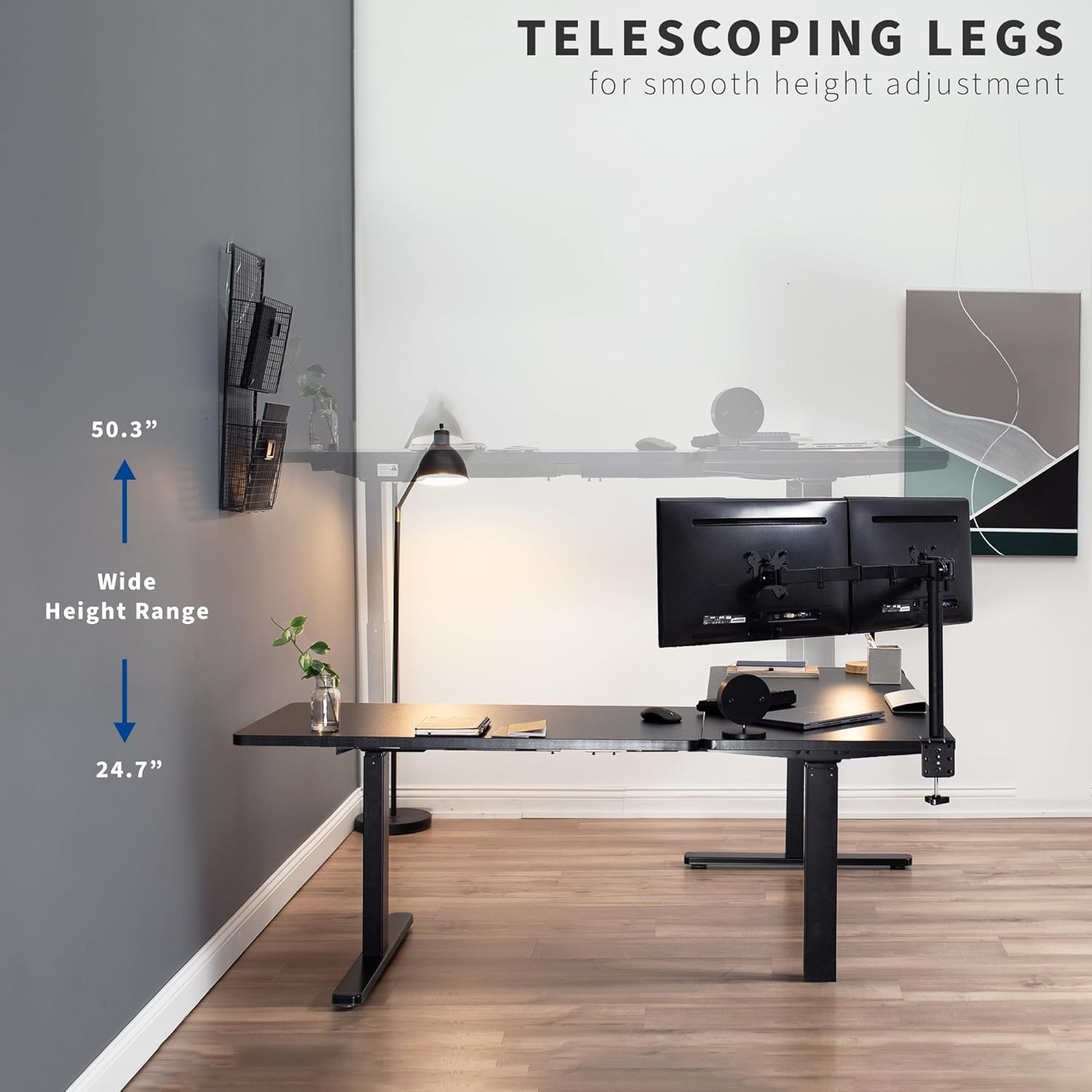 image:imageVIVO Electric Height Adjustable 83 x 60 inch Corner Stand Up Desk 2 Dark Gray Solid Table Tops Black Frame Memory Controller LShaped Workstation 3E Series DESKKIT3E8GWhite Top Black Frame