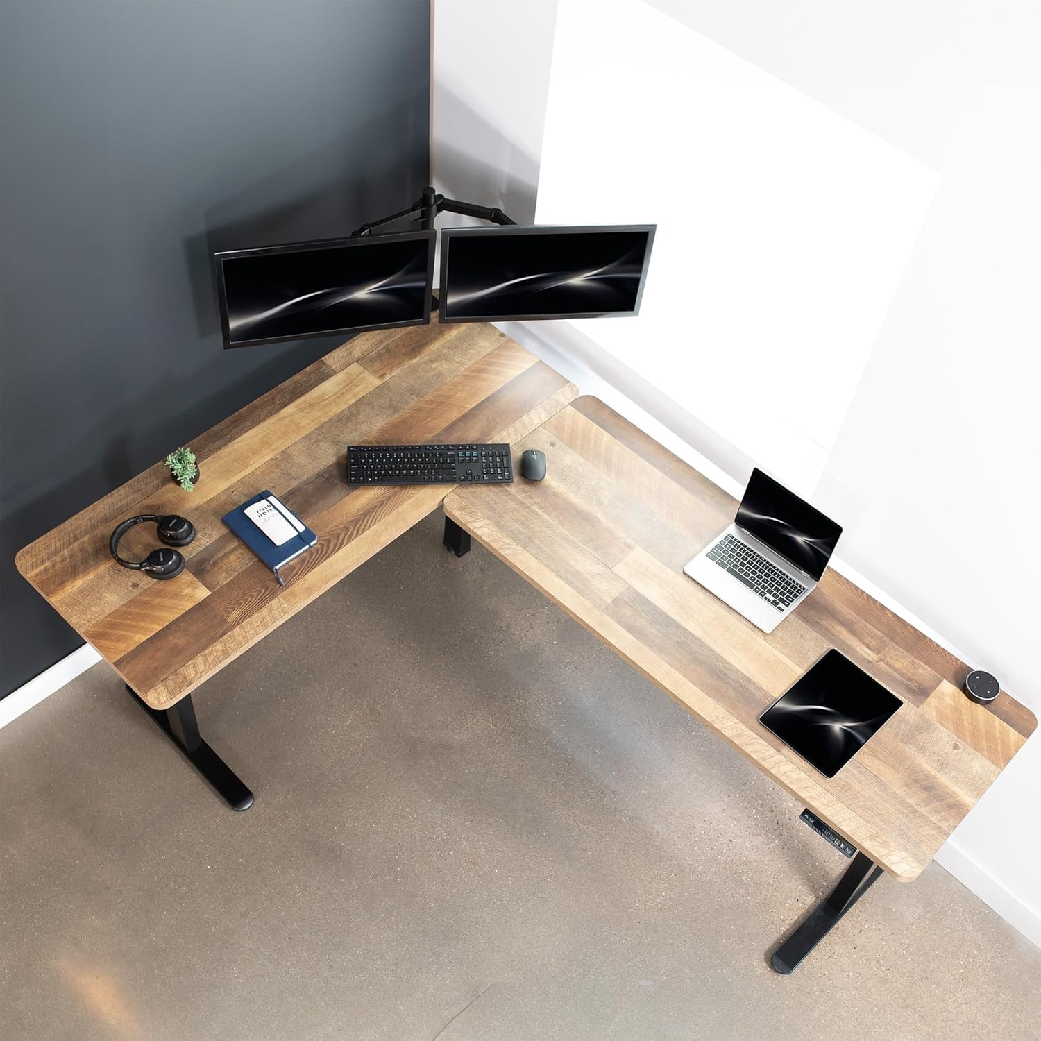 image:imageVIVO Electric Height Adjustable 83 x 60 inch Corner Stand Up Desk 2 Dark Gray Solid Table Tops Black Frame Memory Controller LShaped Workstation 3E Series DESKKIT3E8GReclaimed Wood Top Black Frame