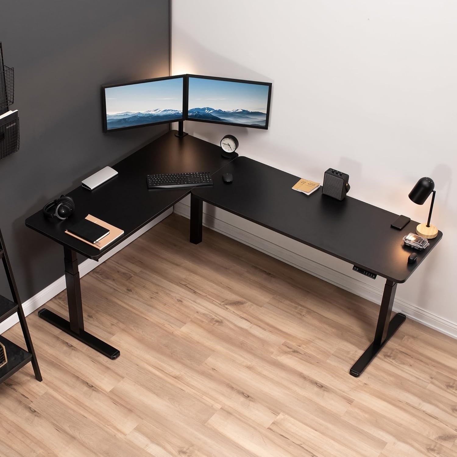 image:imageVIVO Electric Height Adjustable 83 x 60 inch Corner Stand Up Desk 2 Dark Gray Solid Table Tops Black Frame Memory Controller LShaped Workstation 3E Series DESKKIT3E8GLight Wood Top Black Frame