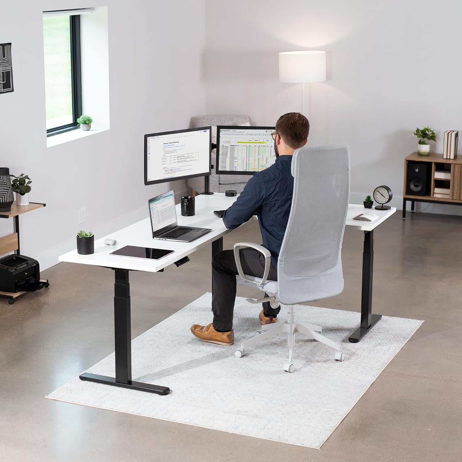 image:imageVIVO Electric Height Adjustable 83 x 60 inch Corner Stand Up Desk 2 Dark Gray Solid Table Tops Black Frame Memory Controller LShaped Workstation 3E Series DESKKIT3E8GWhite Top Black Frame