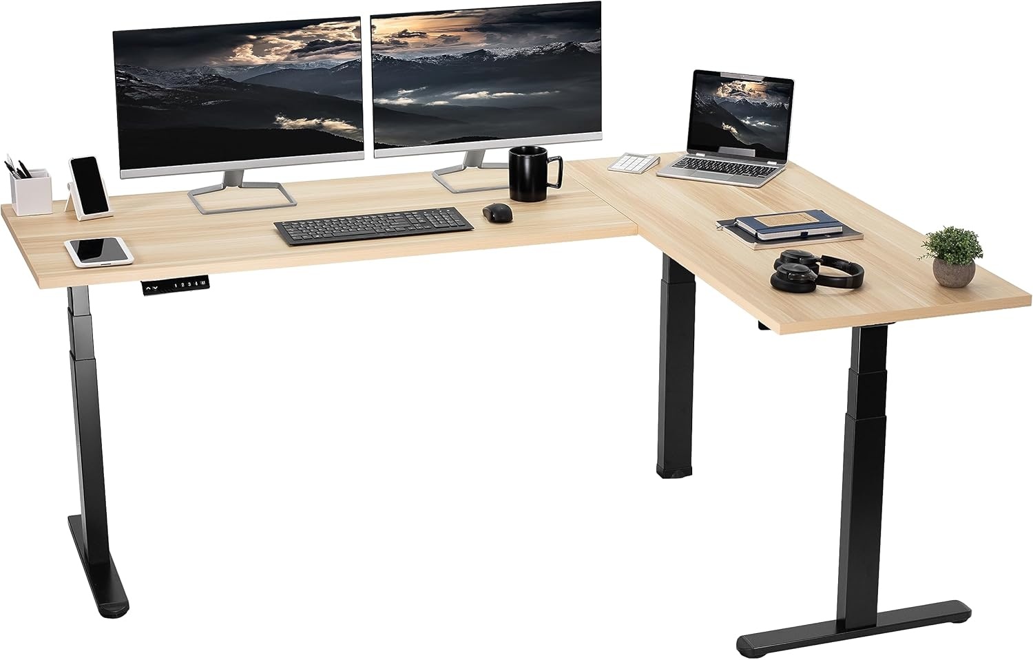 image:imageVIVO Electric Height Adjustable 83 x 60 inch Corner Stand Up Desk 2 Dark Gray Solid Table Tops Black Frame Memory Controller LShaped Workstation 3E Series DESKKIT3E8GLight Wood Top Black Frame
