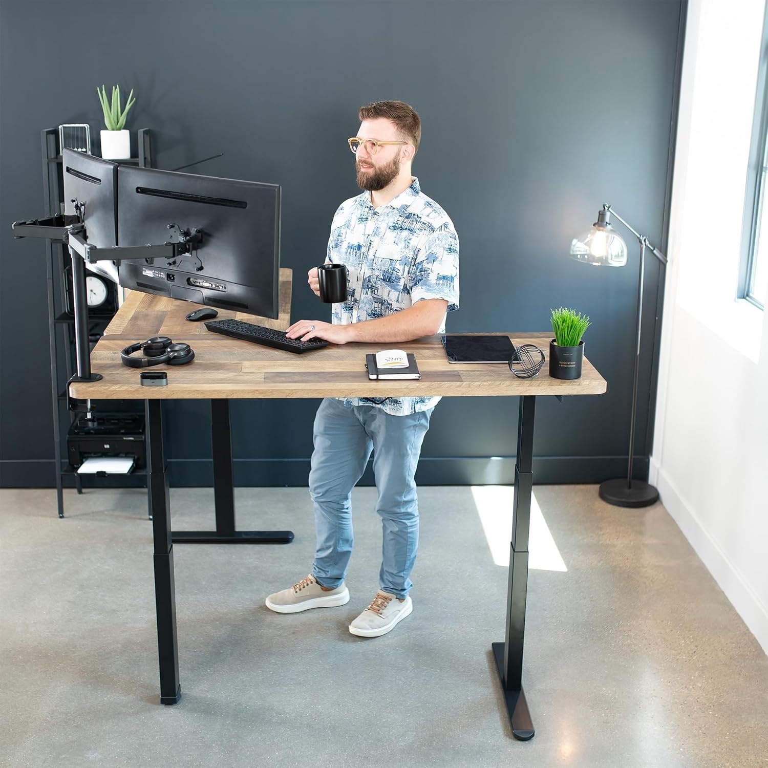 image:imageVIVO Electric Height Adjustable 83 x 60 inch Corner Stand Up Desk 2 Dark Gray Solid Table Tops Black Frame Memory Controller LShaped Workstation 3E Series DESKKIT3E8GReclaimed Wood Top Black Frame