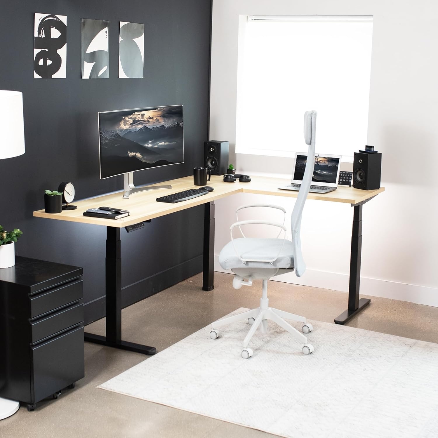 image:imageVIVO Electric Height Adjustable 83 x 60 inch Corner Stand Up Desk 2 Dark Gray Solid Table Tops Black Frame Memory Controller LShaped Workstation 3E Series DESKKIT3E8GLight Wood Top Black Frame