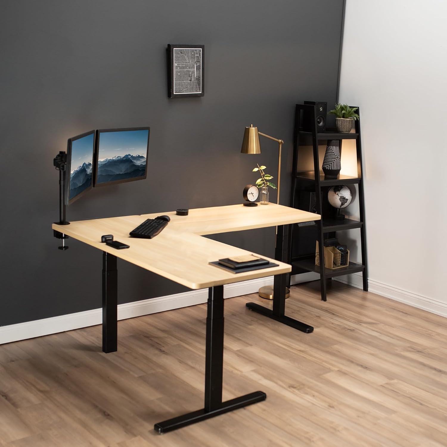 image:imageVIVO Electric Height Adjustable 83 x 60 inch Corner Stand Up Desk 2 Dark Gray Solid Table Tops Black Frame Memory Controller LShaped Workstation 3E Series DESKKIT3E8GLight Wood Top Black Frame