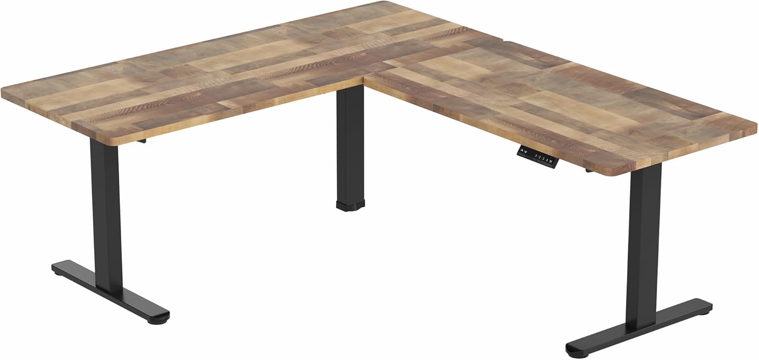 image:imageVIVO Electric Height Adjustable 83 x 60 inch Corner Stand Up Desk 2 Dark Gray Solid Table Tops Black Frame Memory Controller LShaped Workstation 3E Series DESKKIT3E8GReclaimed Wood Top Black Frame