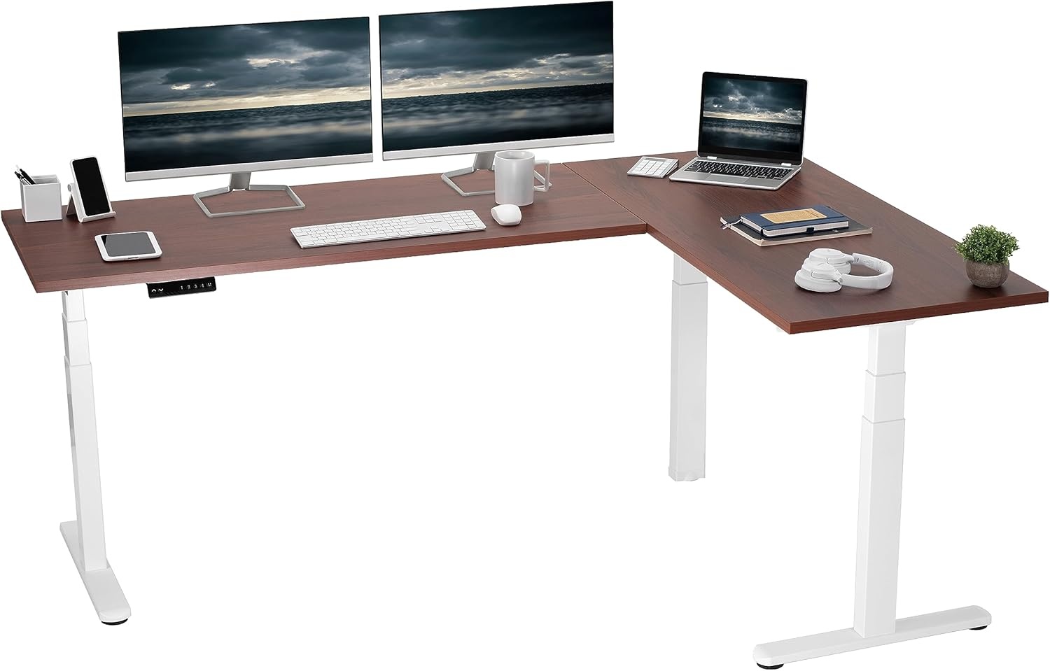 image:imageVIVO Electric Height Adjustable 83 x 60 inch Corner Stand Up Desk 2 Dark Gray Solid Table Tops Black Frame Memory Controller LShaped Workstation 3E Series DESKKIT3E8GDark Walnut Top White Frame
