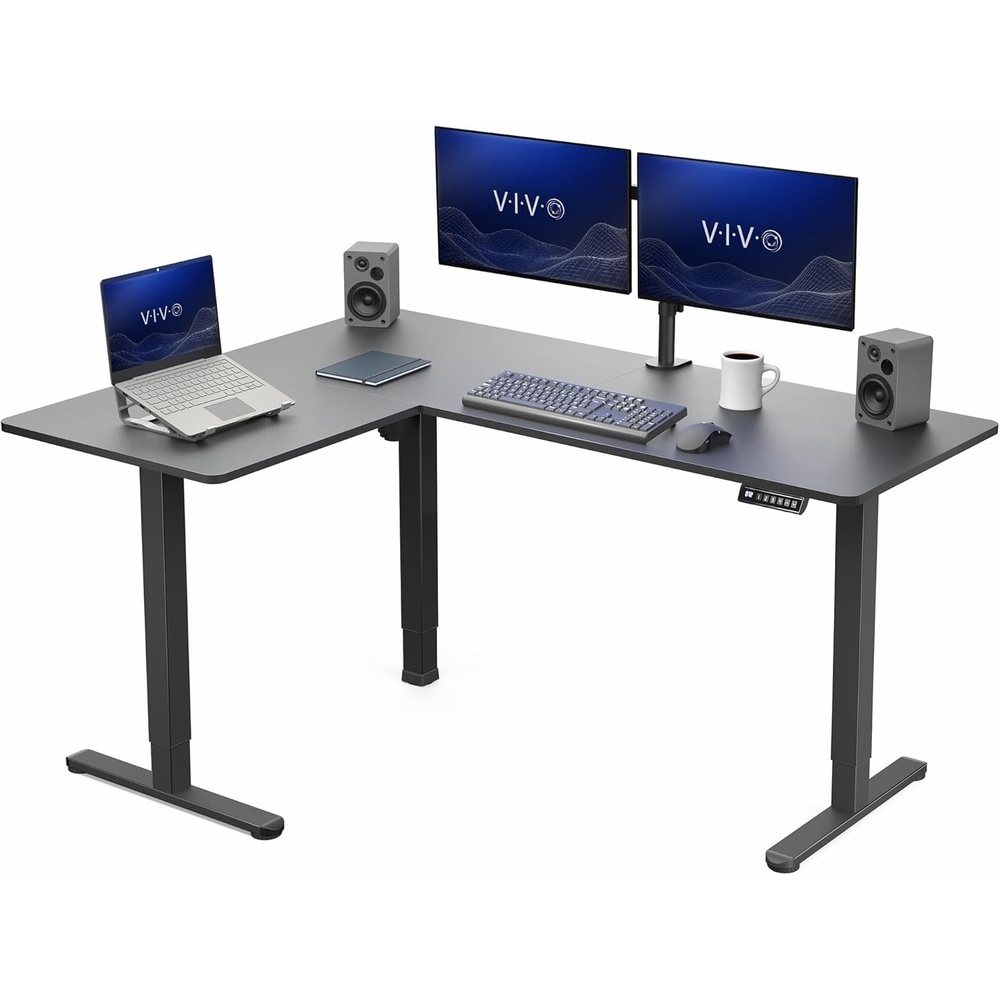 image:imageVIVO Corner Standing Desk 63 x 47 inch Reversible LShaped Workstation Electric Height Adjustment Home Office and Reception Rooms Black Table Top Black Frame DESKE3CTB47Black Top Black Frame