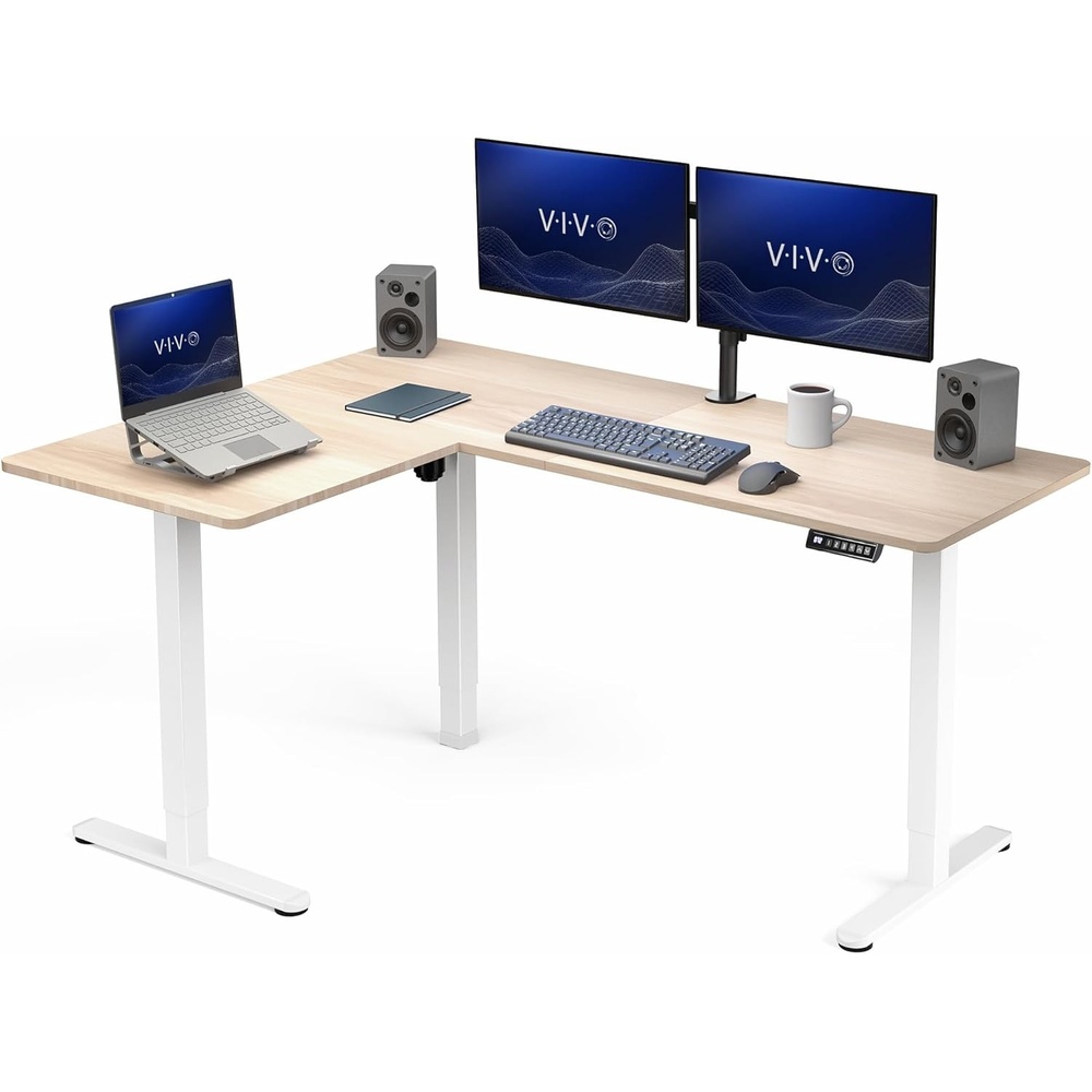image:imageVIVO Corner Standing Desk 63 x 47 inch Reversible LShaped Workstation Electric Height Adjustment Home Office and Reception Rooms Black Table Top Black Frame DESKE3CTB47Light Wood Top White Frame