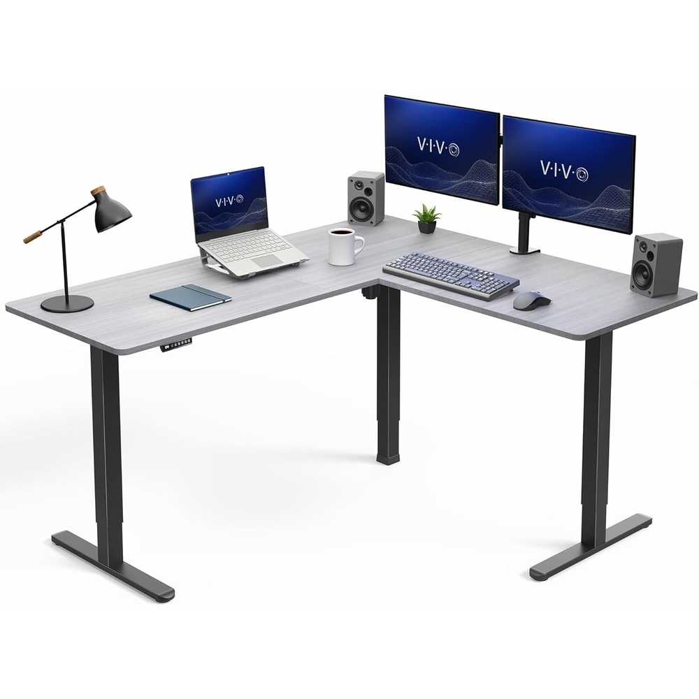 image:imageVIVO Corner Standing Desk 63 x 47 inch Reversible LShaped Workstation Electric Height Adjustment Home Office and Reception Rooms Black Table Top Black Frame DESKE3CTB47Dark Gray Top Black Frame