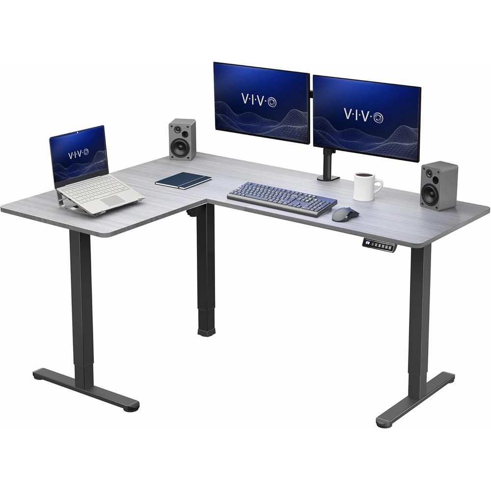 image:imageVIVO Corner Standing Desk 63 x 47 inch Reversible LShaped Workstation Electric Height Adjustment Home Office and Reception Rooms Black Table Top Black Frame DESKE3CTB47Gray Top Black Frame