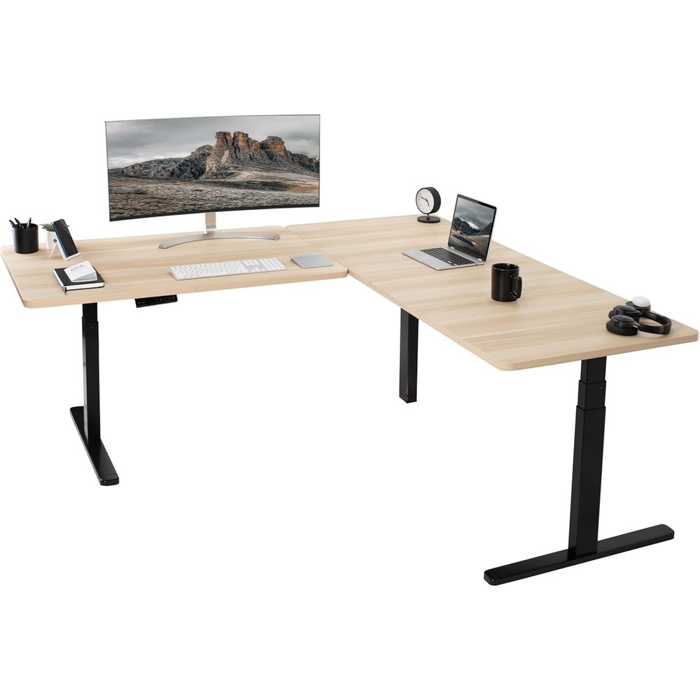 image:imageVIVO Electric Height Adjustable 77 x 71 inch Corner Stand Up Desk 2 Black 30 inch Deep Table Tops Black Frame Memory Controller LShaped Workstation 3E Series DESKKIT3E7BLight Wood Top Black Frame