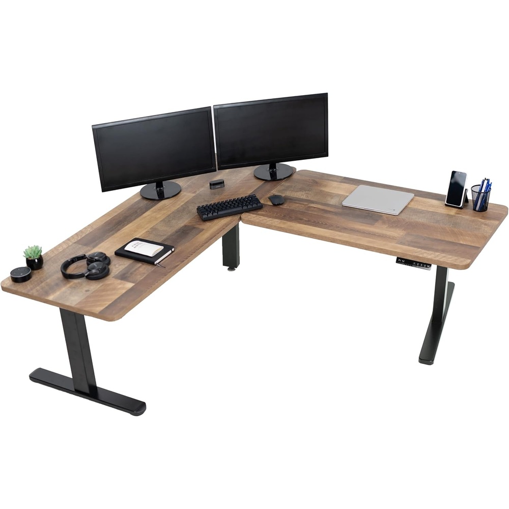 image:imageVIVO Electric Height Adjustable 83 x 60 inch Corner Stand Up Desk 2 Dark Gray Solid Table Tops Black Frame Memory Controller LShaped Workstation 3E Series DESKKIT3E8GReclaimed Wood Top Black Frame