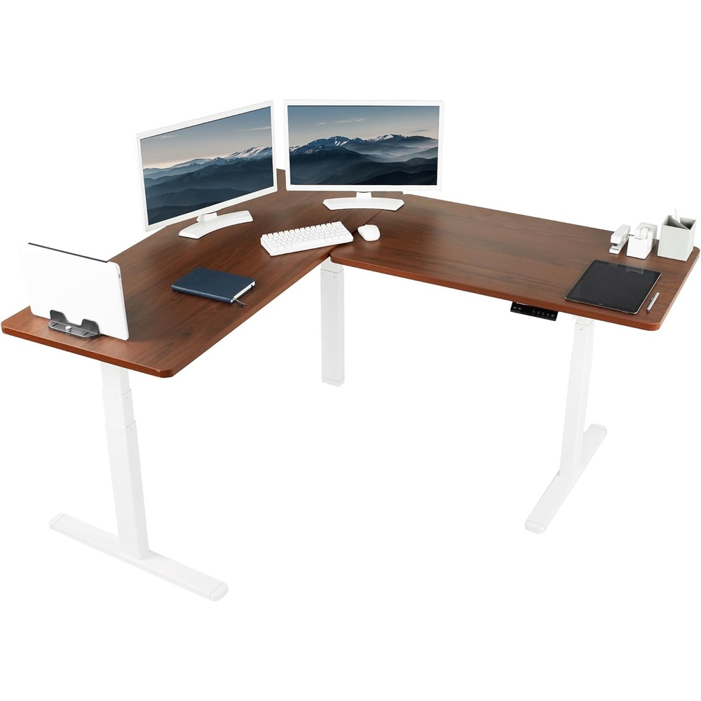 image:imageVIVO Electric Height Adjustable 83 x 60 inch Corner Stand Up Desk 2 Dark Gray Solid Table Tops Black Frame Memory Controller LShaped Workstation 3E Series DESKKIT3E8GDark Walnut Top White Frame