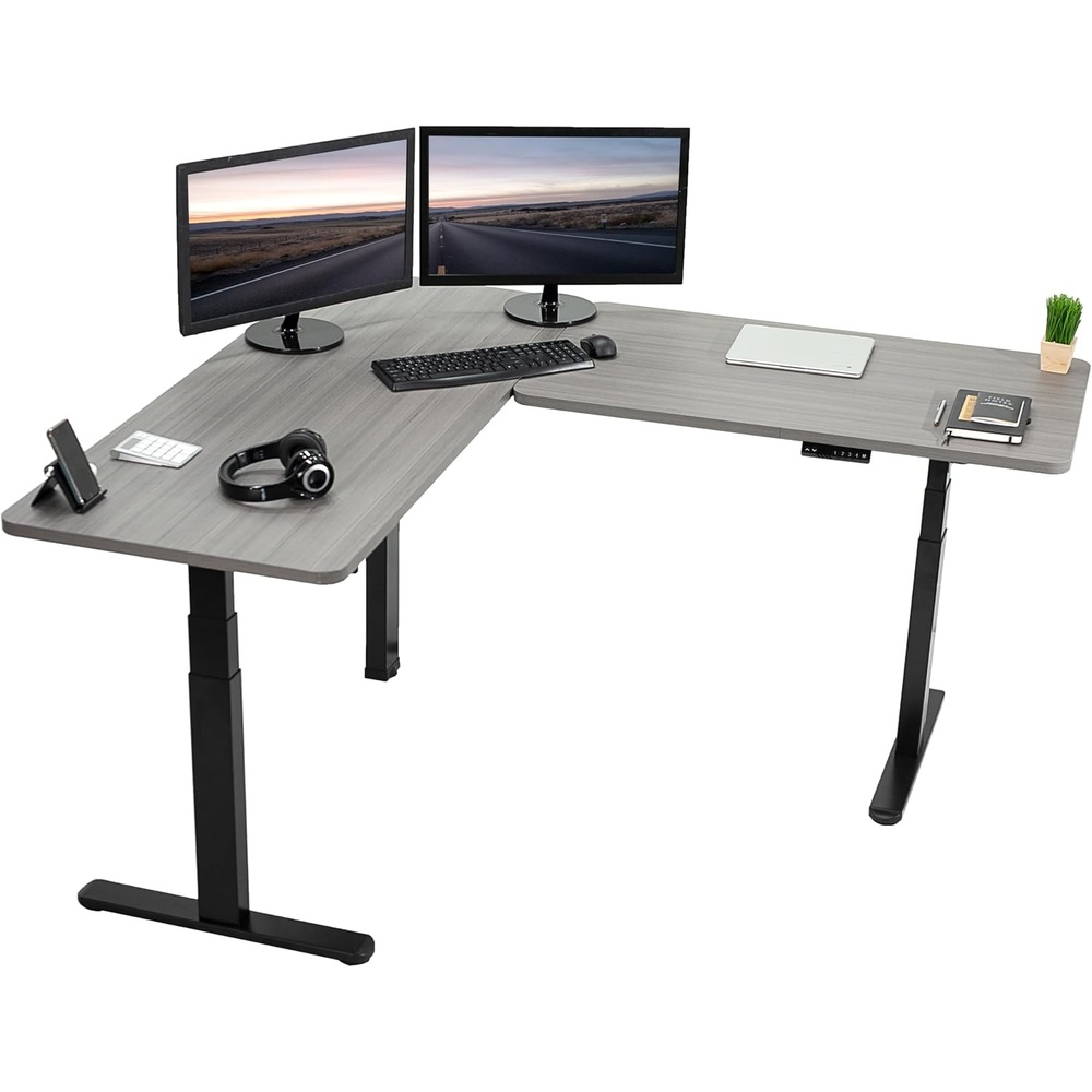 image:imageVIVO Electric Height Adjustable 83 x 60 inch Corner Stand Up Desk 2 Dark Gray Solid Table Tops Black Frame Memory Controller LShaped Workstation 3E Series DESKKIT3E8GDark Gray Top Black Frame