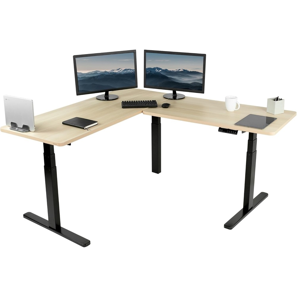 image:imageVIVO Electric Height Adjustable 83 x 60 inch Corner Stand Up Desk 2 Dark Gray Solid Table Tops Black Frame Memory Controller LShaped Workstation 3E Series DESKKIT3E8GLight Wood Top Black Frame