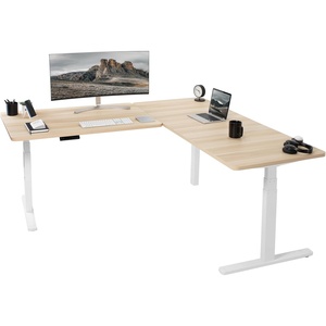 image:imageVIVO Electric Height Adjustable 77 x 71 inch Corner Stand Up Desk 2 Black 30 inch Deep Table Tops Black Frame Memory Controller LShaped Workstation 3E Series DESKKIT3E7BLight Wood Top  White Frame