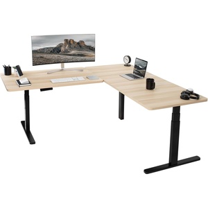 image:imageVIVO Electric Height Adjustable 77 x 71 inch Corner Stand Up Desk 2 Black 30 inch Deep Table Tops Black Frame Memory Controller LShaped Workstation 3E Series DESKKIT3E7BLight Wood Top  Black Frame