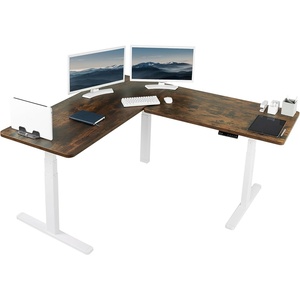image:imageVIVO Electric Height Adjustable 83 x 60 inch Corner Stand Up Desk 2 Dark Gray Solid Table Tops Black Frame Memory Controller LShaped Workstation 3E Series DESKKIT3E8GVintage Brown Top  White Frame