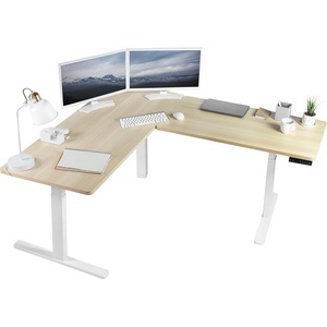 image:imageVIVO Electric Height Adjustable 83 x 60 inch Corner Stand Up Desk 2 Dark Gray Solid Table Tops Black Frame Memory Controller LShaped Workstation 3E Series DESKKIT3E8GLight Wood Top  White Frame