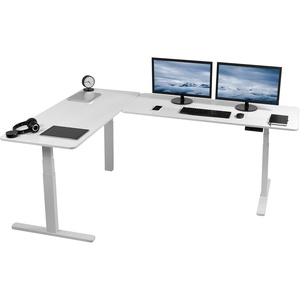 image:imageVIVO Electric Height Adjustable 83 x 60 inch Corner Stand Up Desk 2 Dark Gray Solid Table Tops Black Frame Memory Controller LShaped Workstation 3E Series DESKKIT3E8GWhite Dry Erase Top  White Frame