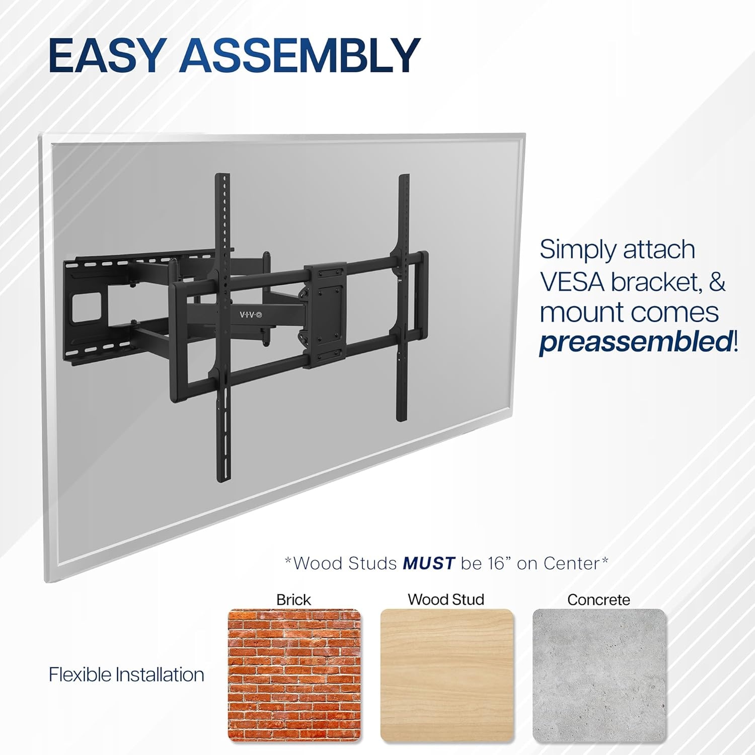 image:imageVIVO 60 to 120 inch Large Screen Heavy Duty TV Wall Mount for LCD LED Flat and Curved Screens Articulating Swivel Mount Max VESA 900x600mm Black MOUNTVW120M60120 screens