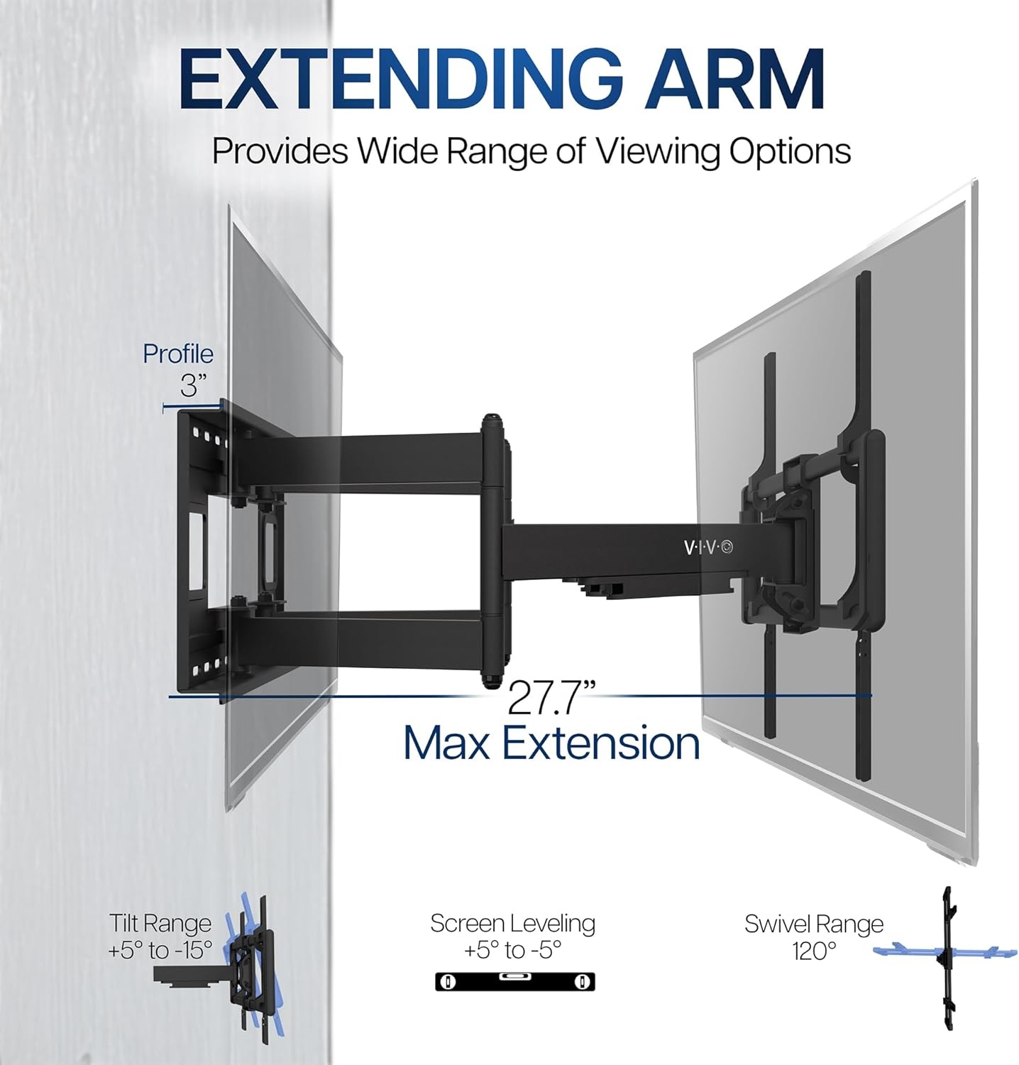 image:imageVIVO 60 to 120 inch Large Screen Heavy Duty TV Wall Mount for LCD LED Flat and Curved Screens Articulating Swivel Mount Max VESA 900x600mm Black MOUNTVW120M60120 screens