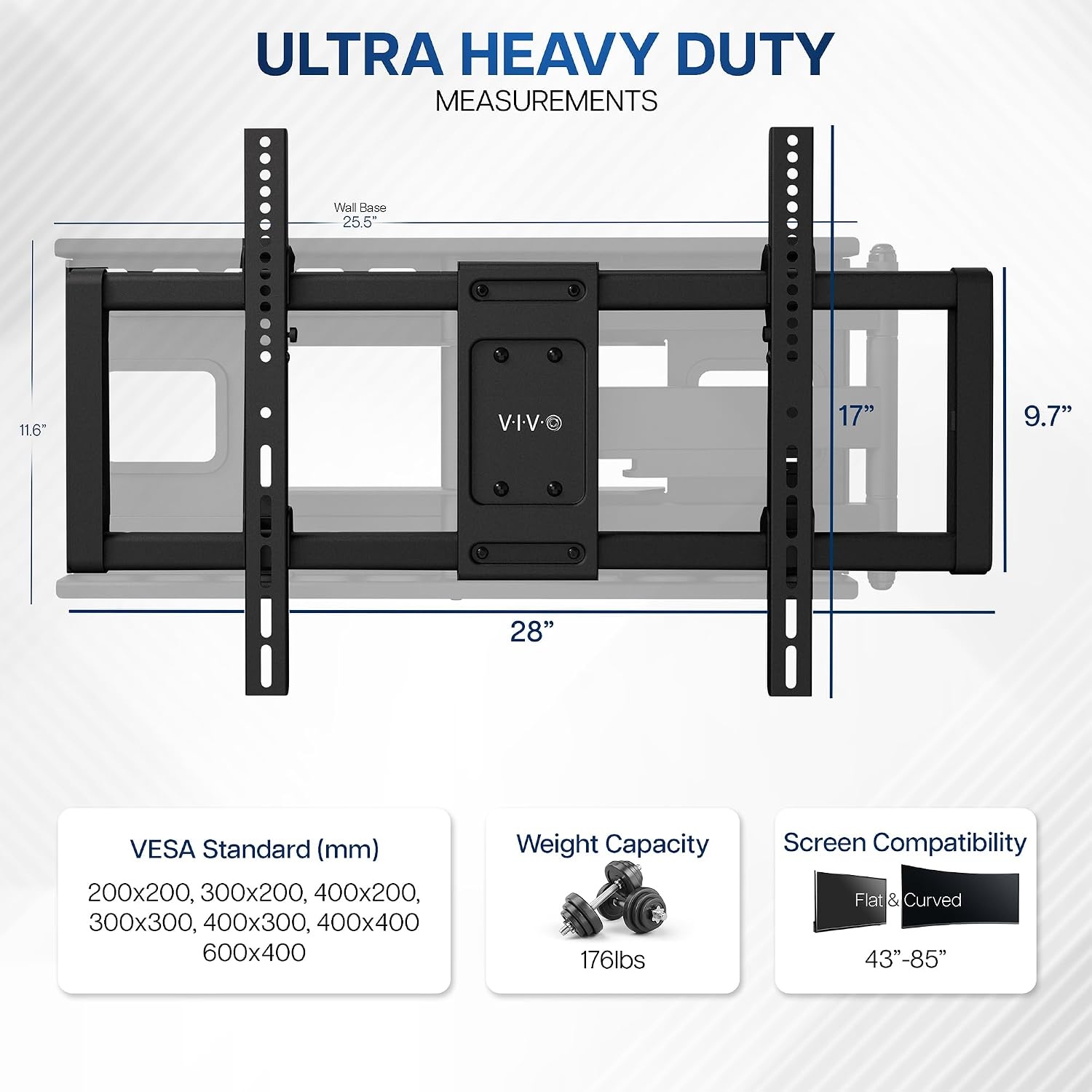 image:imageVIVO 60 to 120 inch Large Screen Heavy Duty TV Wall Mount for LCD LED Flat and Curved Screens Articulating Swivel Mount Max VESA 900x600mm Black MOUNTVW120M4385 screens