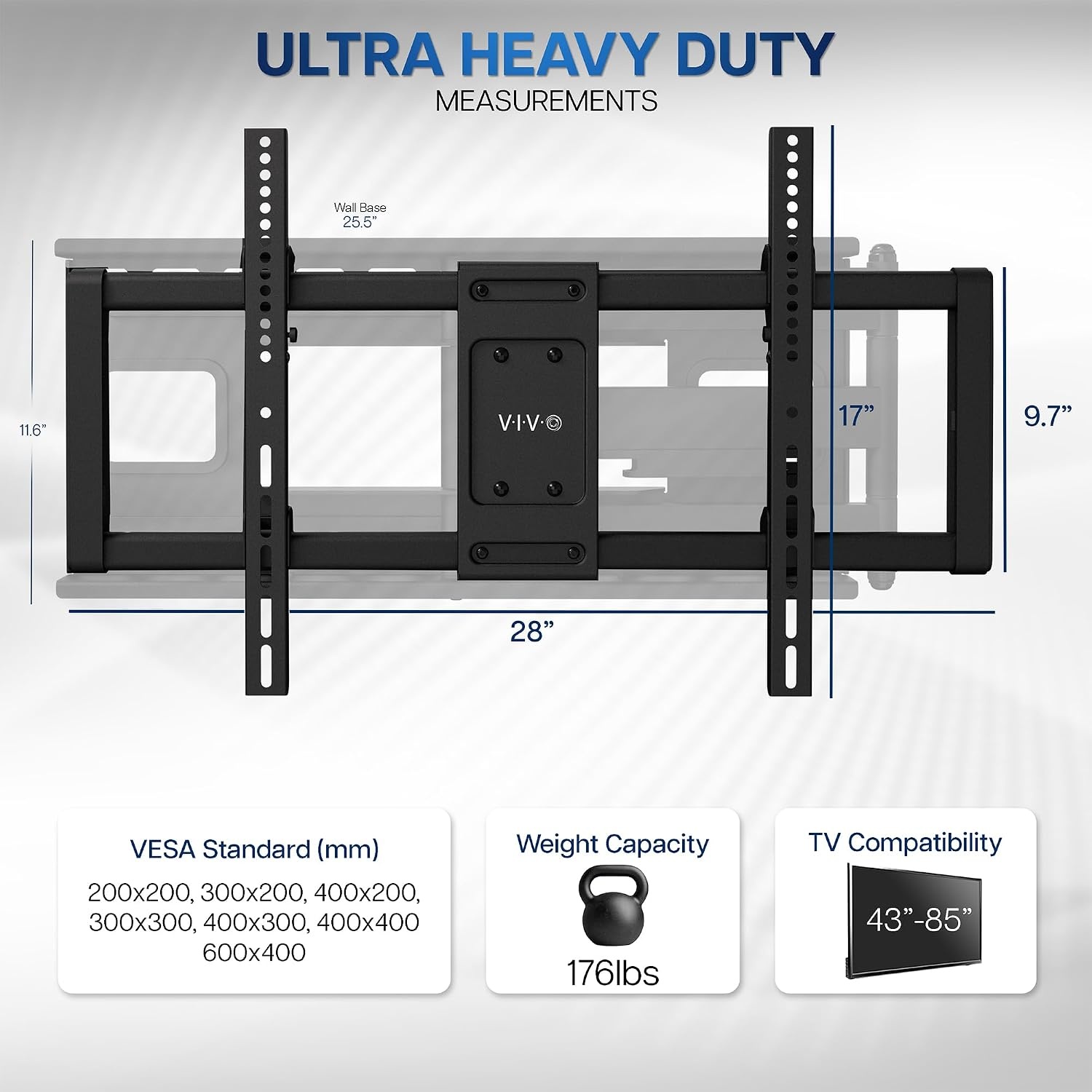 image:imageVIVO 60 to 120 inch Large Screen Heavy Duty TV Wall Mount for LCD LED Flat and Curved Screens Articulating Swivel Mount Max VESA 900x600mm Black MOUNTVW120M4385 screens