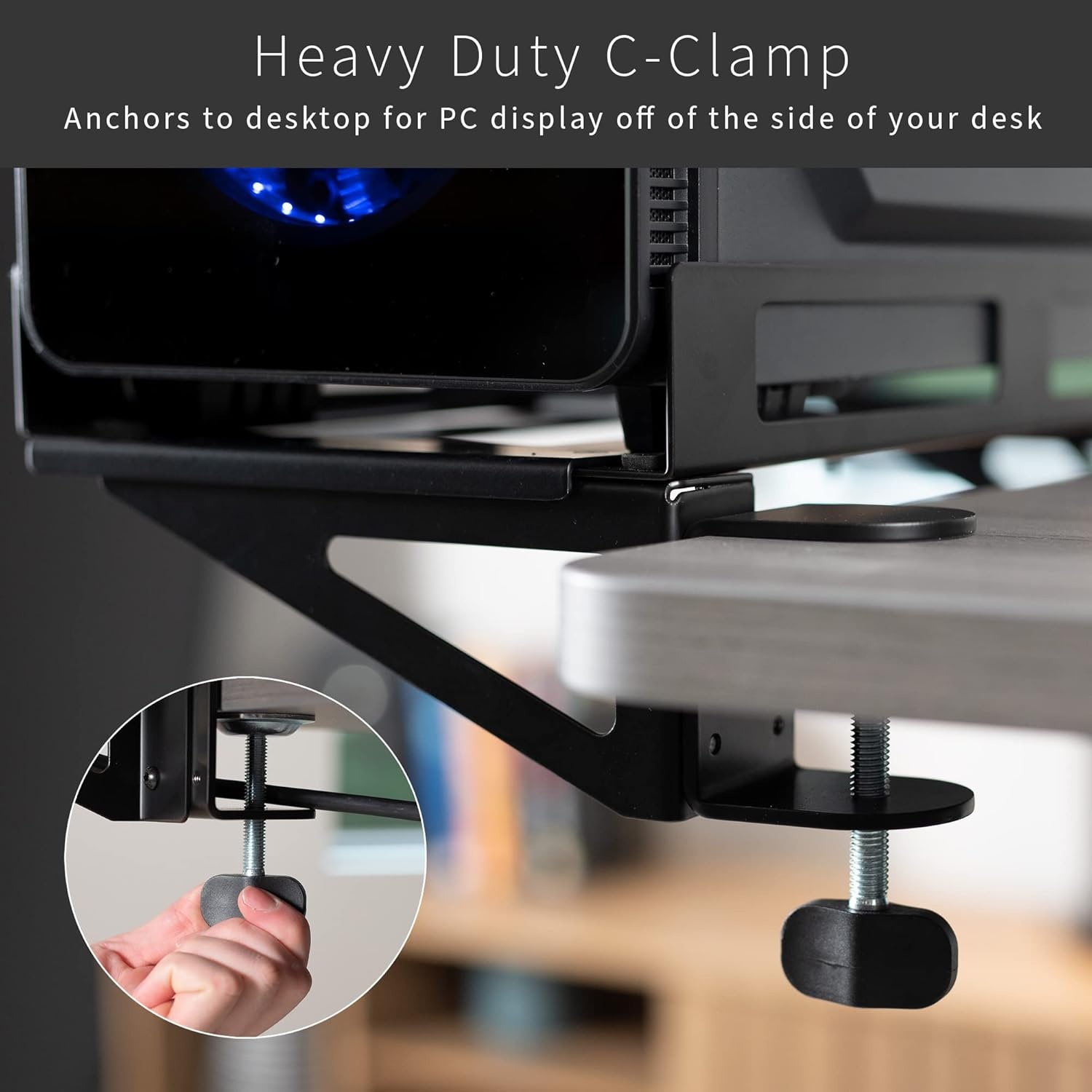 image:imageVIVO Clampon Desk Extender PC Desk Mount Holder with Wall Mount Option Standard and Large Gaming Computer Case Stand Adjustable with Secure Locking Black MOUNTPC07G