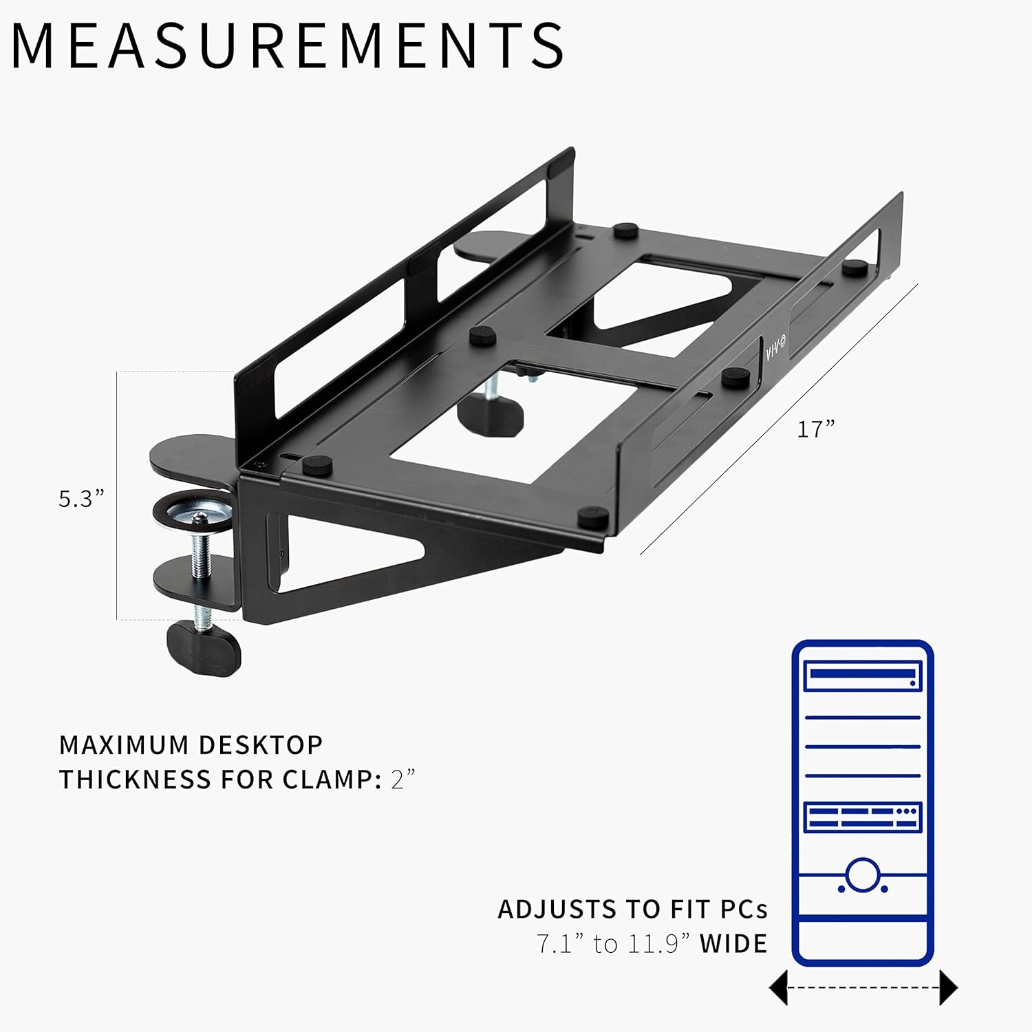 image:imageVIVO Clampon Desk Extender PC Desk Mount Holder with Wall Mount Option Standard and Large Gaming Computer Case Stand Adjustable with Secure Locking Black MOUNTPC07G