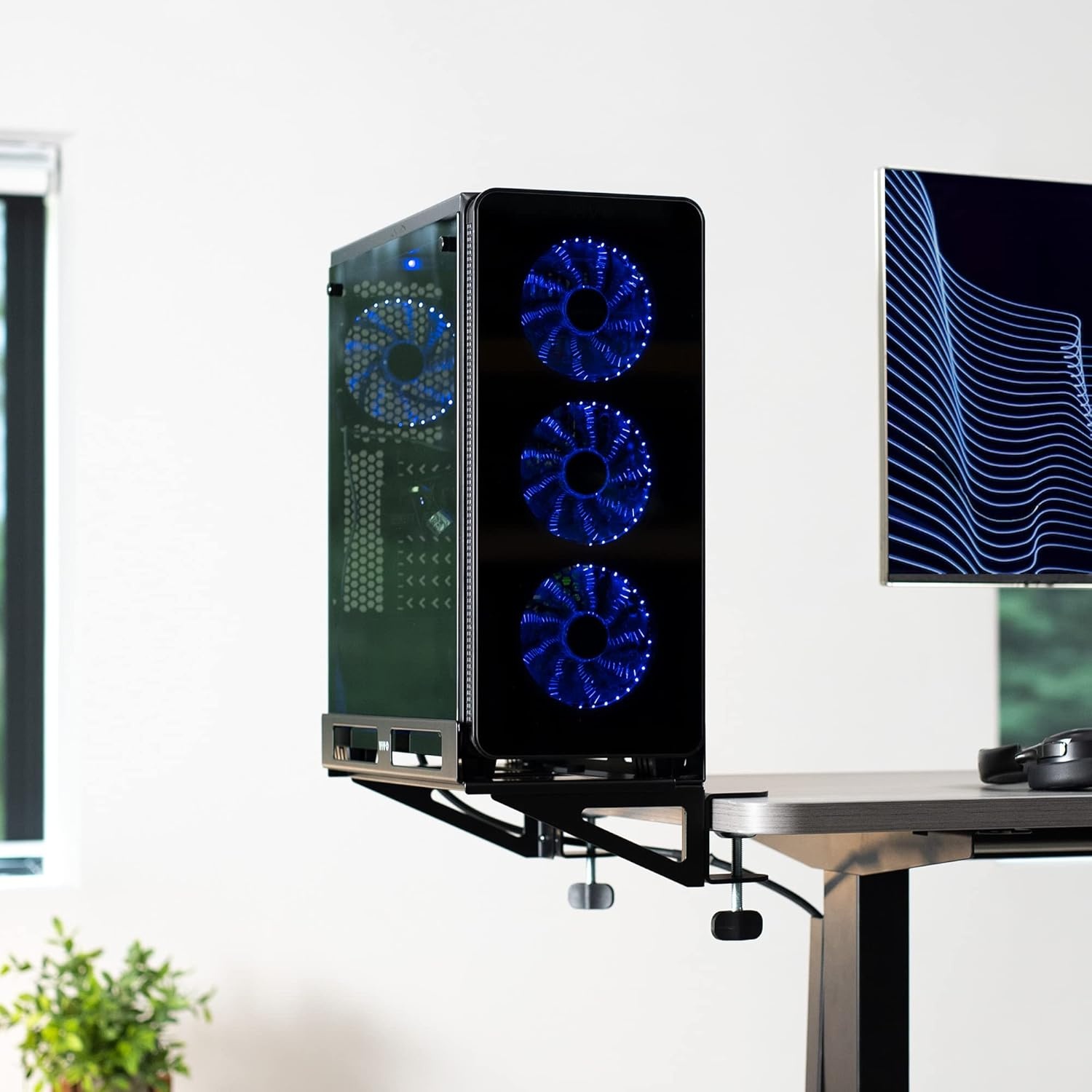 image:imageVIVO Clampon Desk Extender PC Desk Mount Holder with Wall Mount Option Standard and Large Gaming Computer Case Stand Adjustable with Secure Locking Black MOUNTPC07G