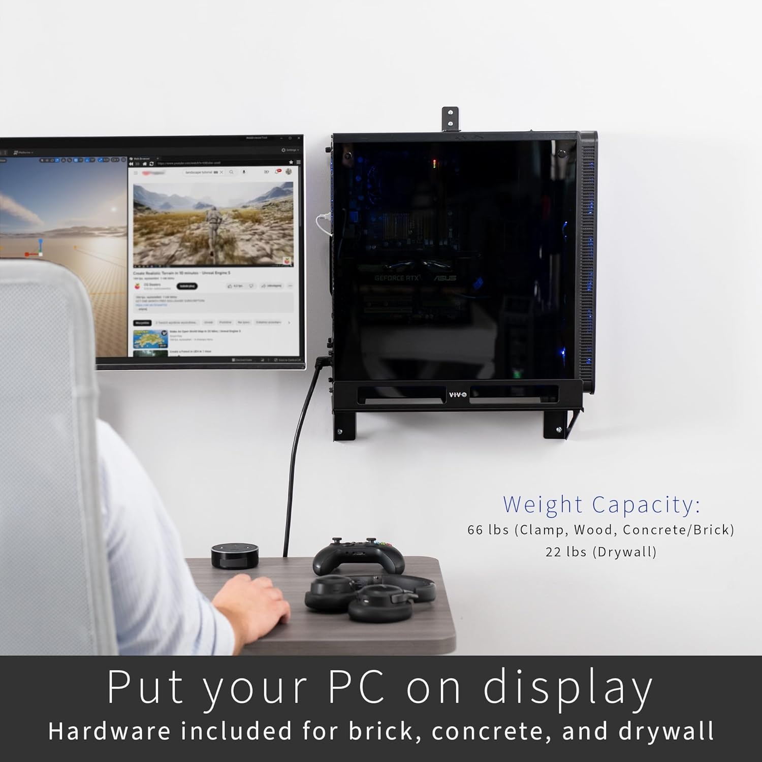 image:imageVIVO Clampon Desk Extender PC Desk Mount Holder with Wall Mount Option Standard and Large Gaming Computer Case Stand Adjustable with Secure Locking Black MOUNTPC07G