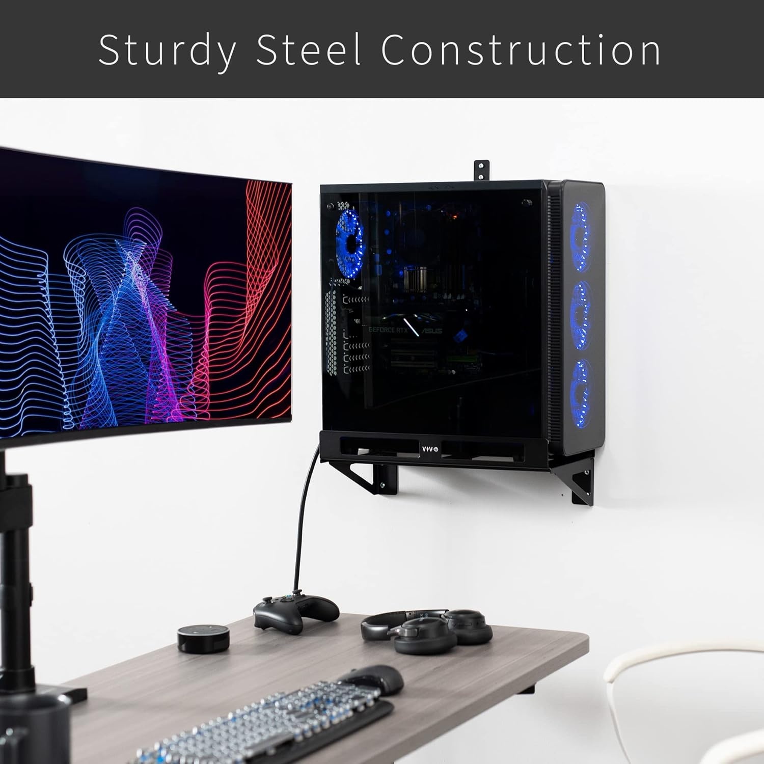 image:imageVIVO Clampon Desk Extender PC Desk Mount Holder with Wall Mount Option Standard and Large Gaming Computer Case Stand Adjustable with Secure Locking Black MOUNTPC07G