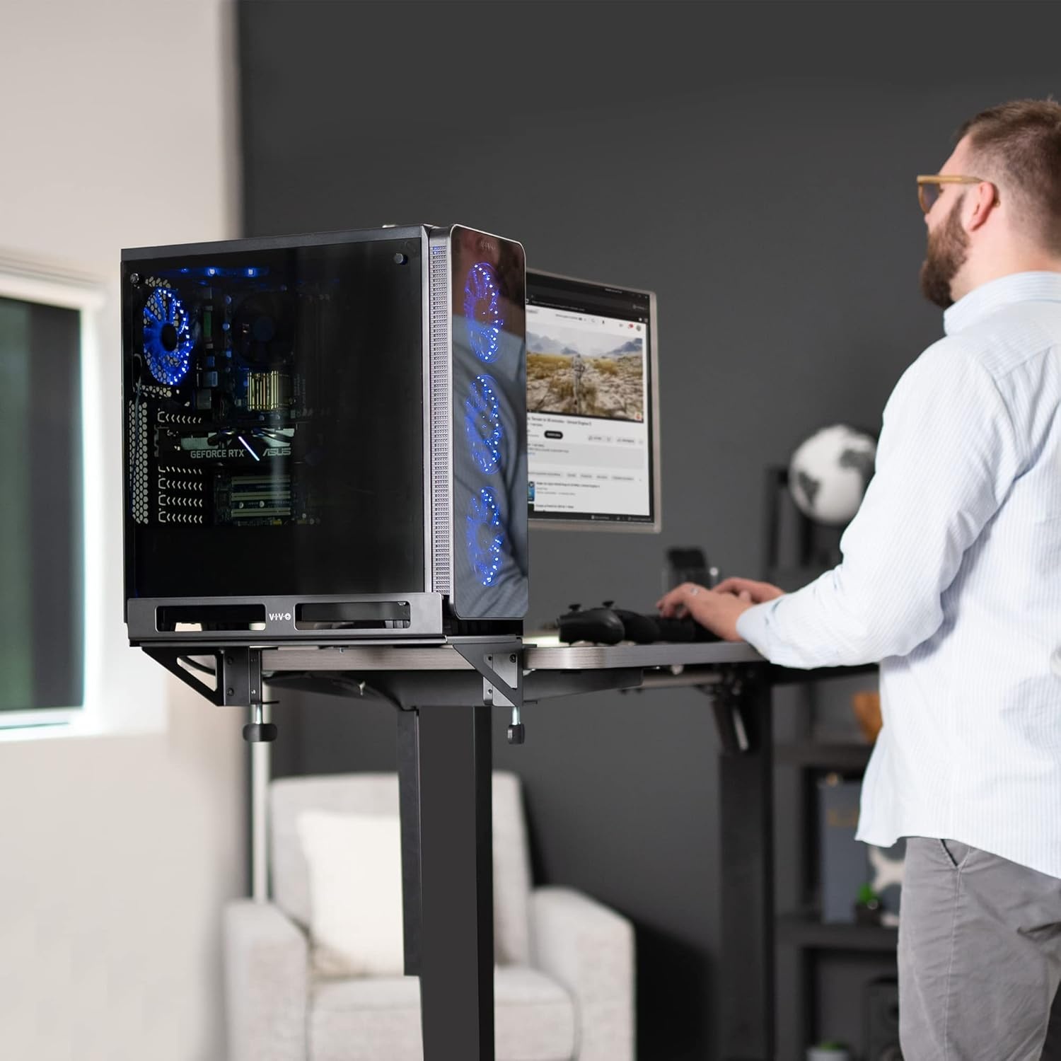 image:imageVIVO Clampon Desk Extender PC Desk Mount Holder with Wall Mount Option Standard and Large Gaming Computer Case Stand Adjustable with Secure Locking Black MOUNTPC07G