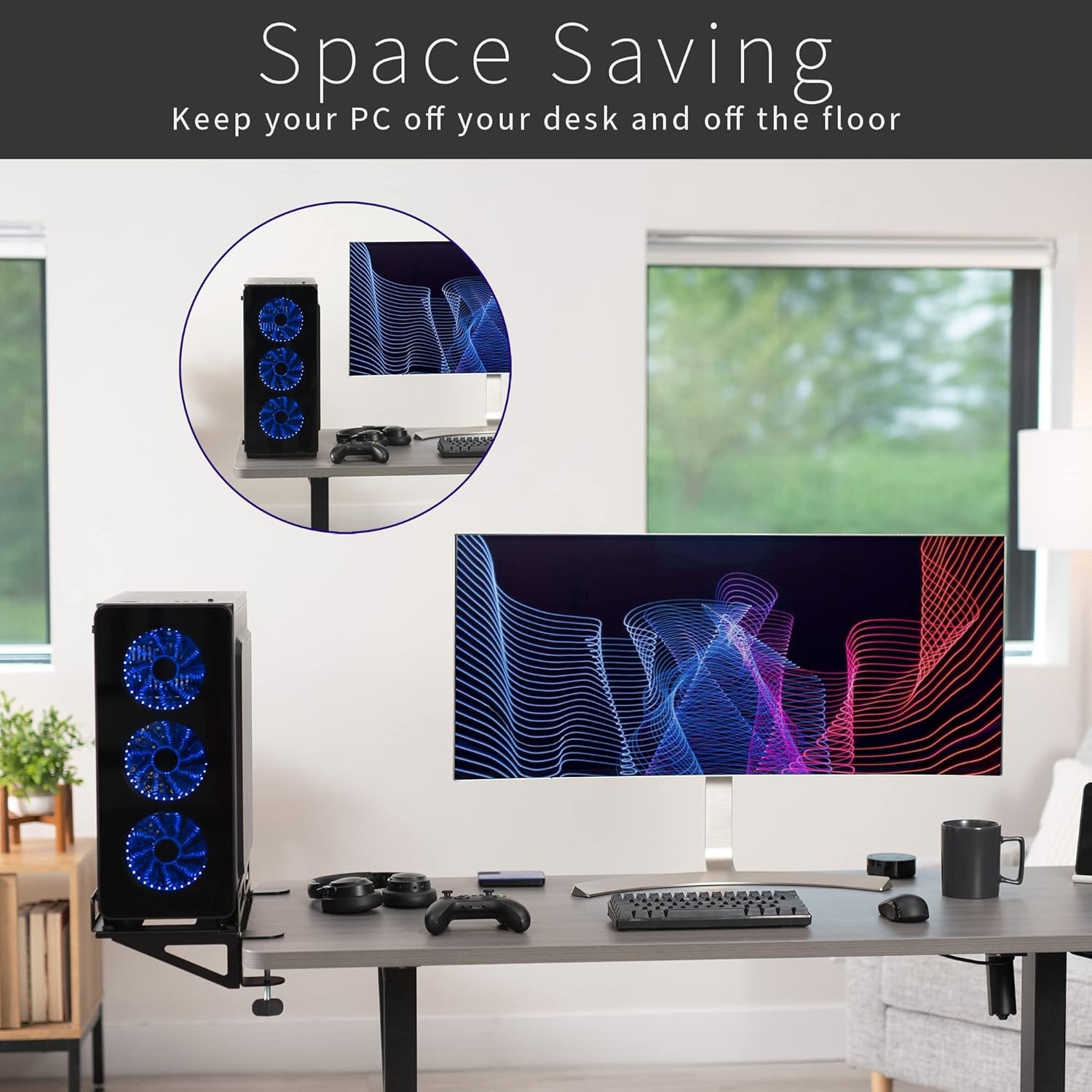 image:imageVIVO Clampon Desk Extender PC Desk Mount Holder with Wall Mount Option Standard and Large Gaming Computer Case Stand Adjustable with Secure Locking Black MOUNTPC07G