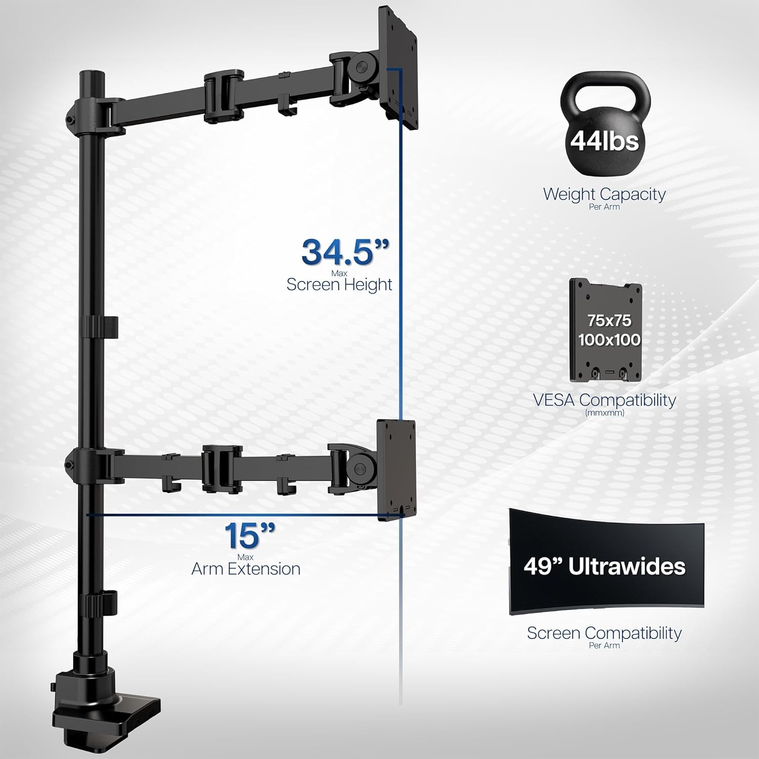 image:imageVIVO Dual Vertically Stacked Monitor Desk Mount Extra Tall Adjustable Stand for 2 Ultrawides up to 34 inches 22 lbs Capacity Black STANDV002TBlack