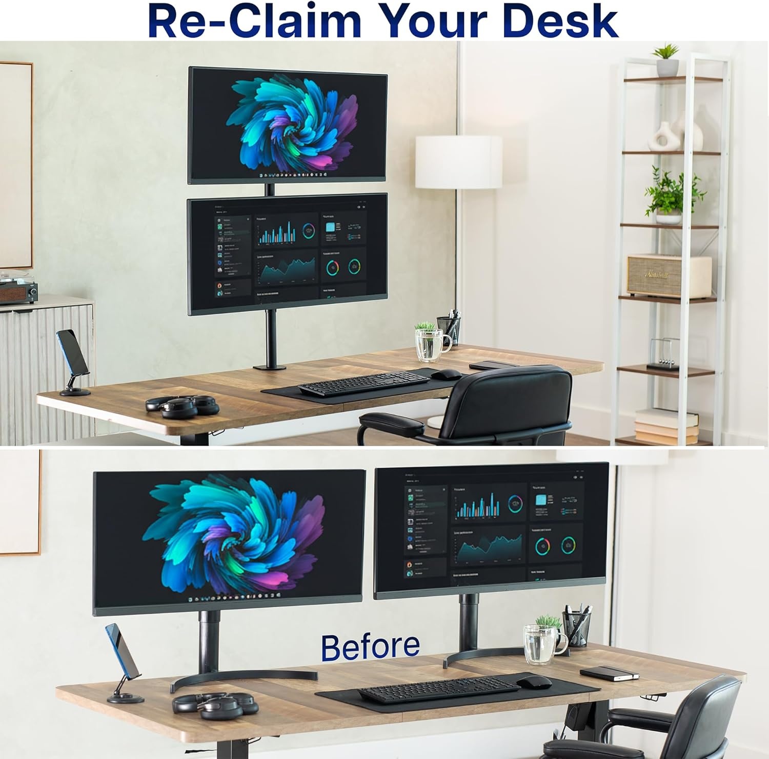 image:imageVIVO Dual Vertically Stacked Monitor Desk Mount Extra Tall Adjustable Stand for 2 Ultrawides up to 34 inches 22 lbs Capacity Black STANDV002TBlack