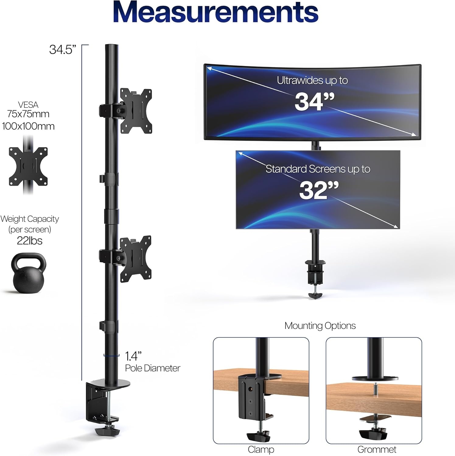 image:imageVIVO Dual Vertically Stacked Monitor Desk Mount Extra Tall Adjustable Stand for 2 Ultrawides up to 34 inches 22 lbs Capacity Black STANDV002TBlack