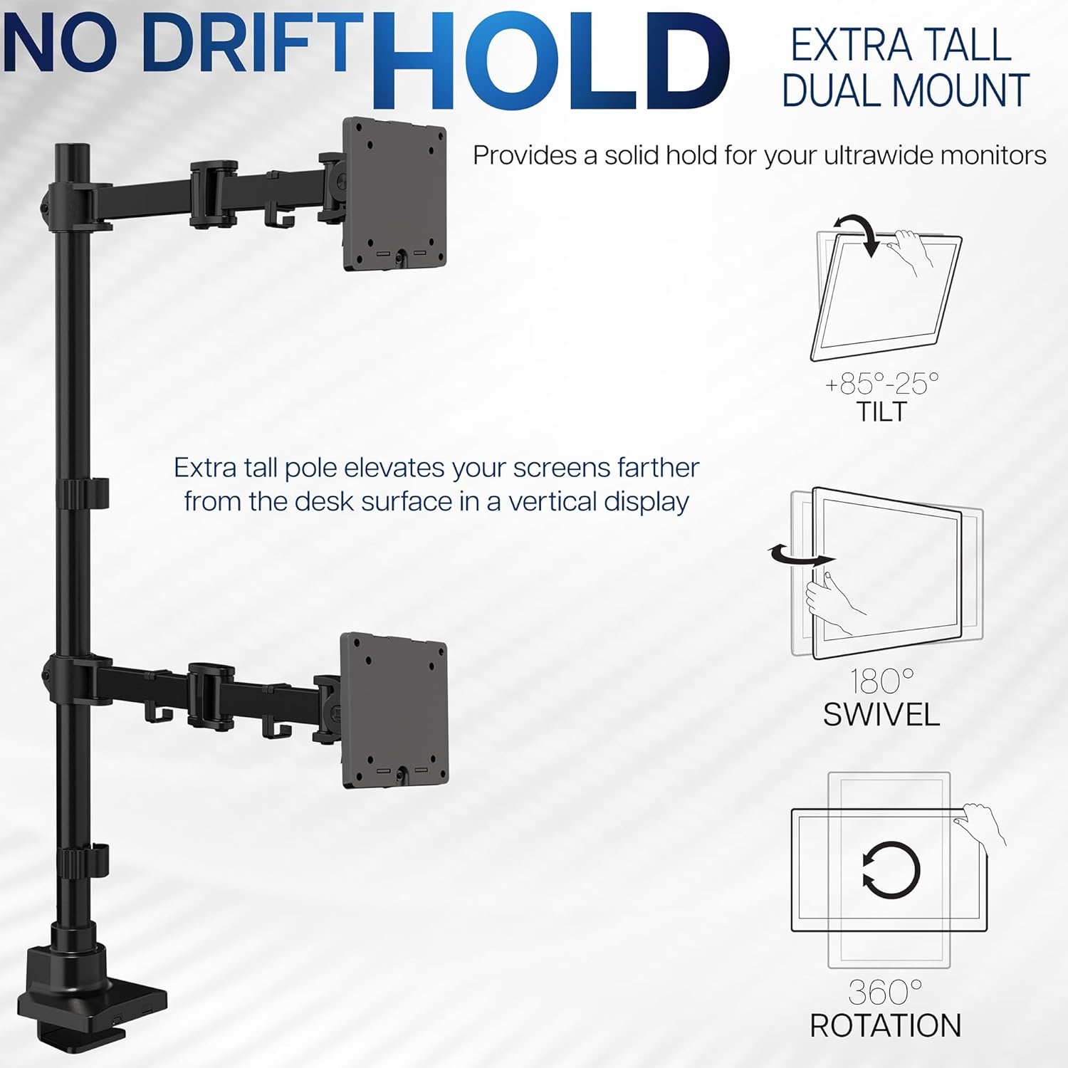 image:imageVIVO Dual Vertically Stacked Monitor Desk Mount Extra Tall Adjustable Stand for 2 Ultrawides up to 34 inches 22 lbs Capacity Black STANDV002TBlack