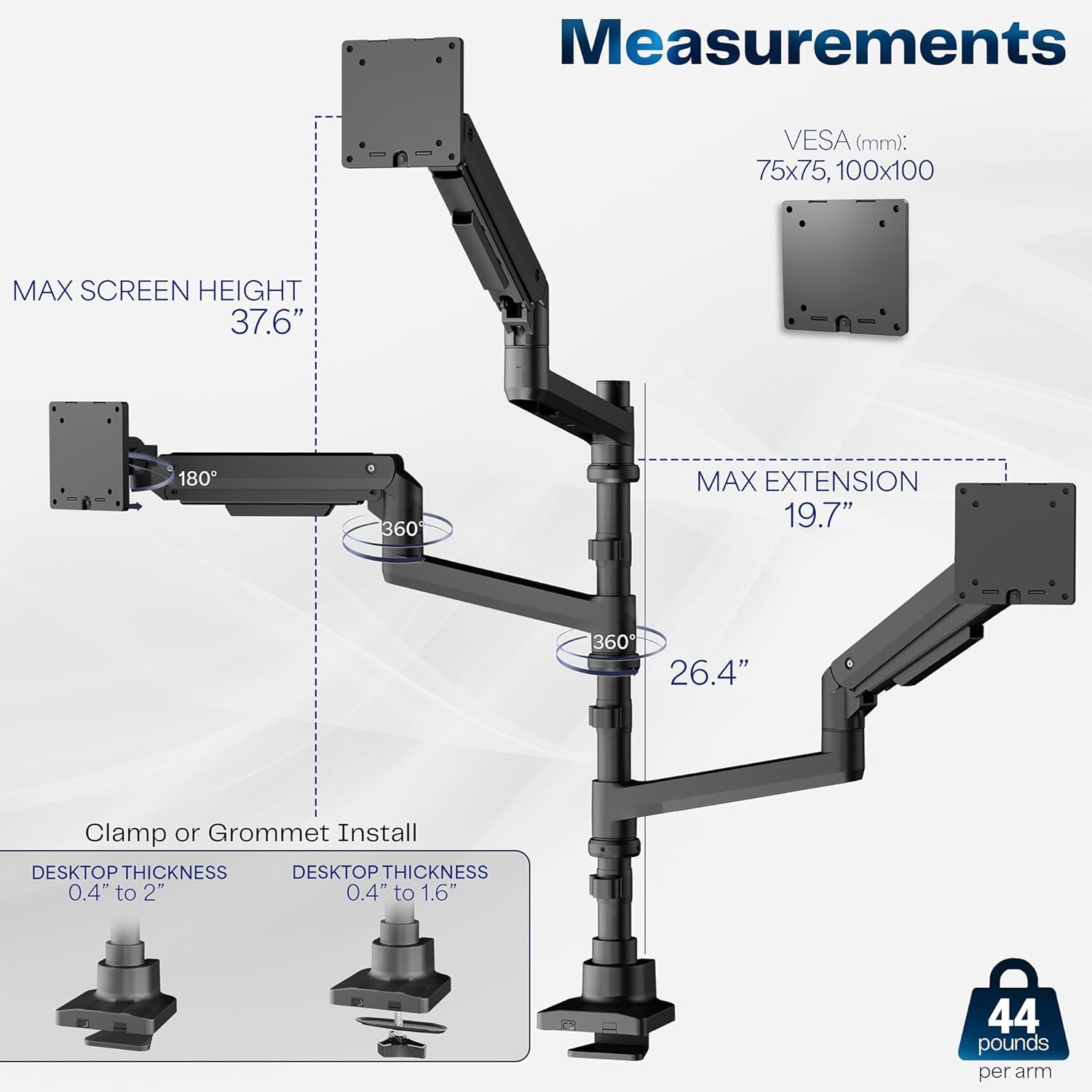 image:imageVIVO Pneumatic Arm Triple Ultrawide Monitor Extra Tall Desk Mount for Up to 49 inch Screens Heavy Duty Clamp Holds 3 Ultra Wides Up to 44 lbs Black STANDV300DTriple Mount