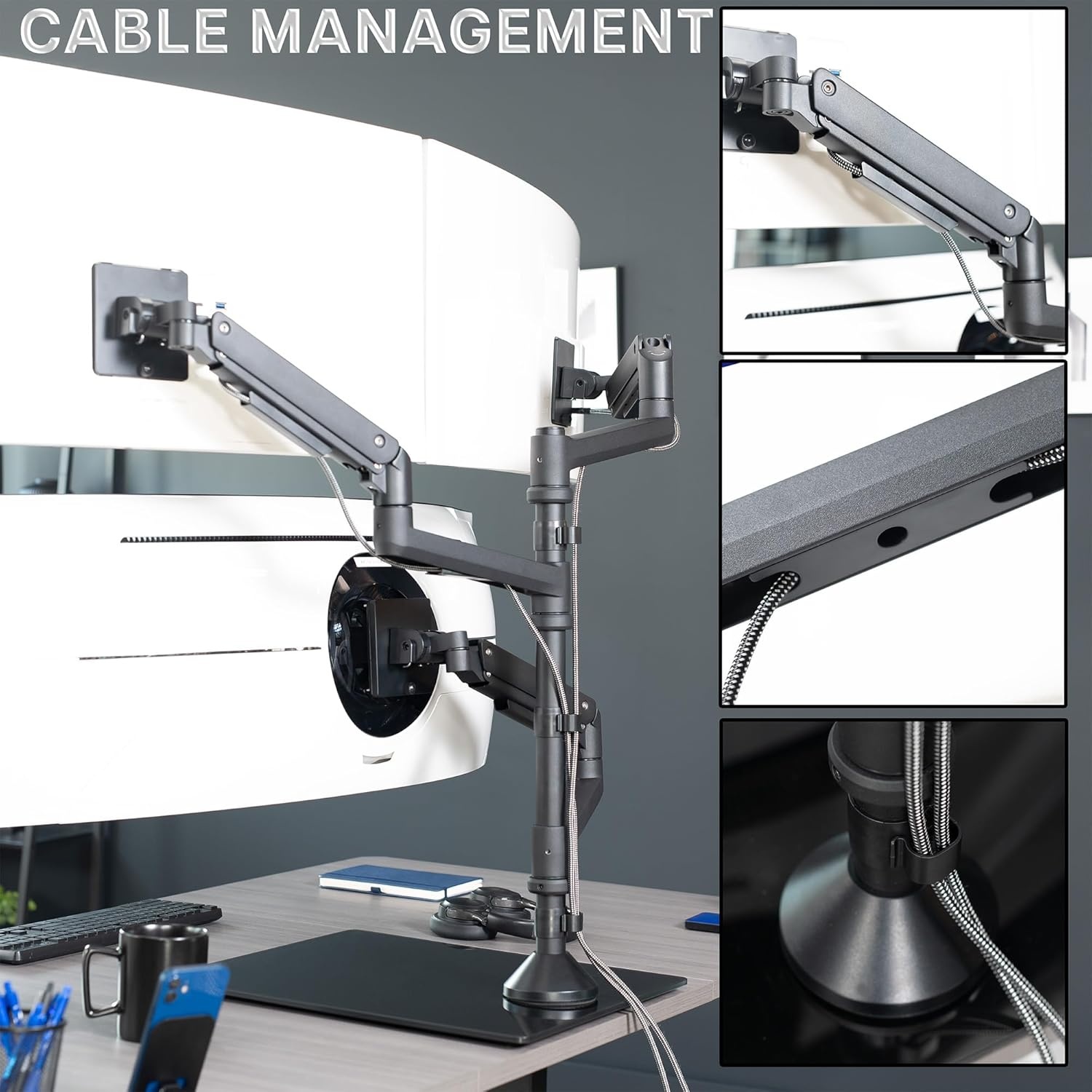 image:imageVIVO Pneumatic Arm Triple Ultrawide Monitor Extra Tall Desk Mount for Up to 49 inch Screens Heavy Duty Clamp Holds 3 Ultra Wides Up to 44 lbs Black STANDV300DTriple Mount