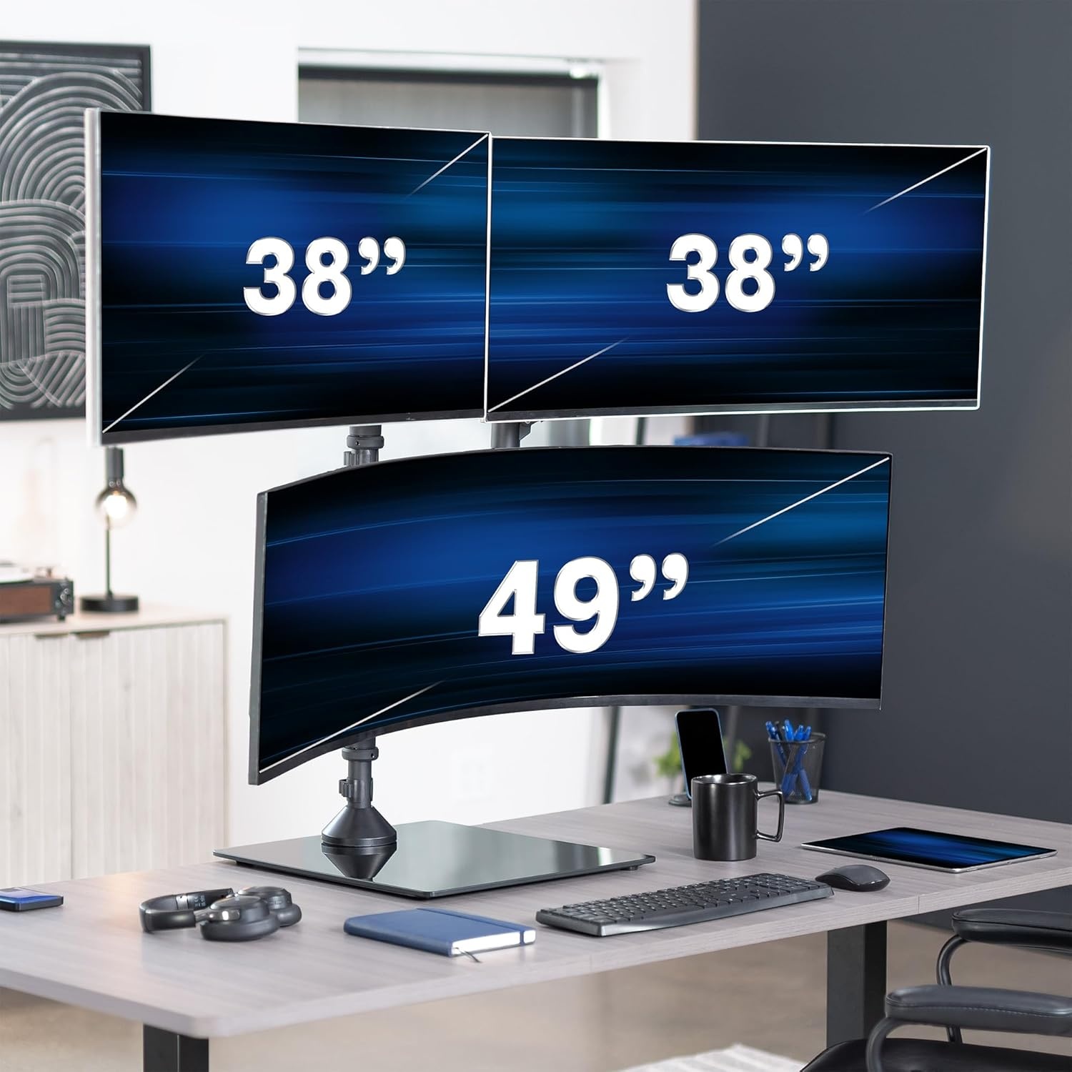 image:imageVIVO Pneumatic Arm Triple Ultrawide Monitor Extra Tall Desk Mount for Up to 49 inch Screens Heavy Duty Clamp Holds 3 Ultra Wides Up to 44 lbs Black STANDV300DTriple Mount