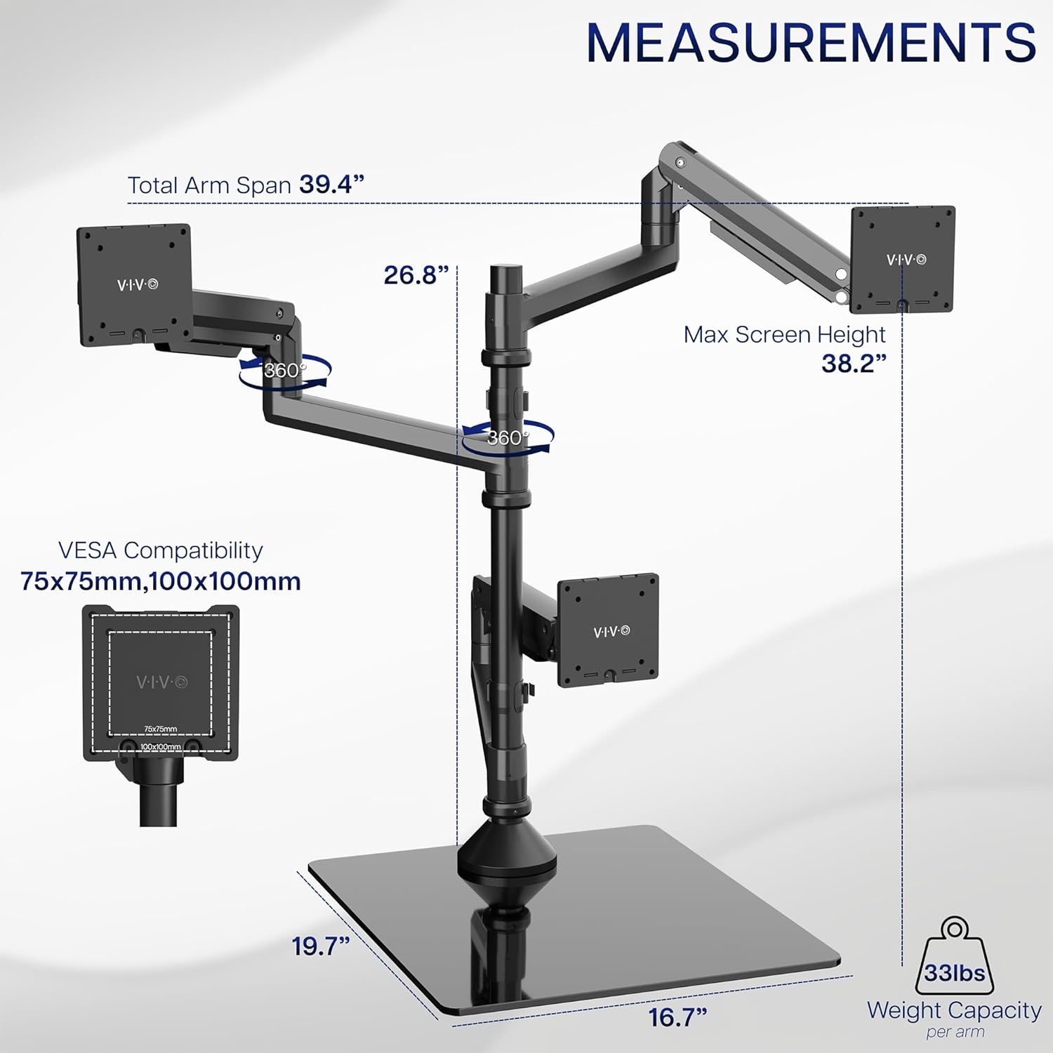 image:imageVIVO Pneumatic Arm Triple Ultrawide Monitor Extra Tall Desk Mount for Up to 49 inch Screens Heavy Duty Clamp Holds 3 Ultra Wides Up to 44 lbs Black STANDV300DTriple Mount