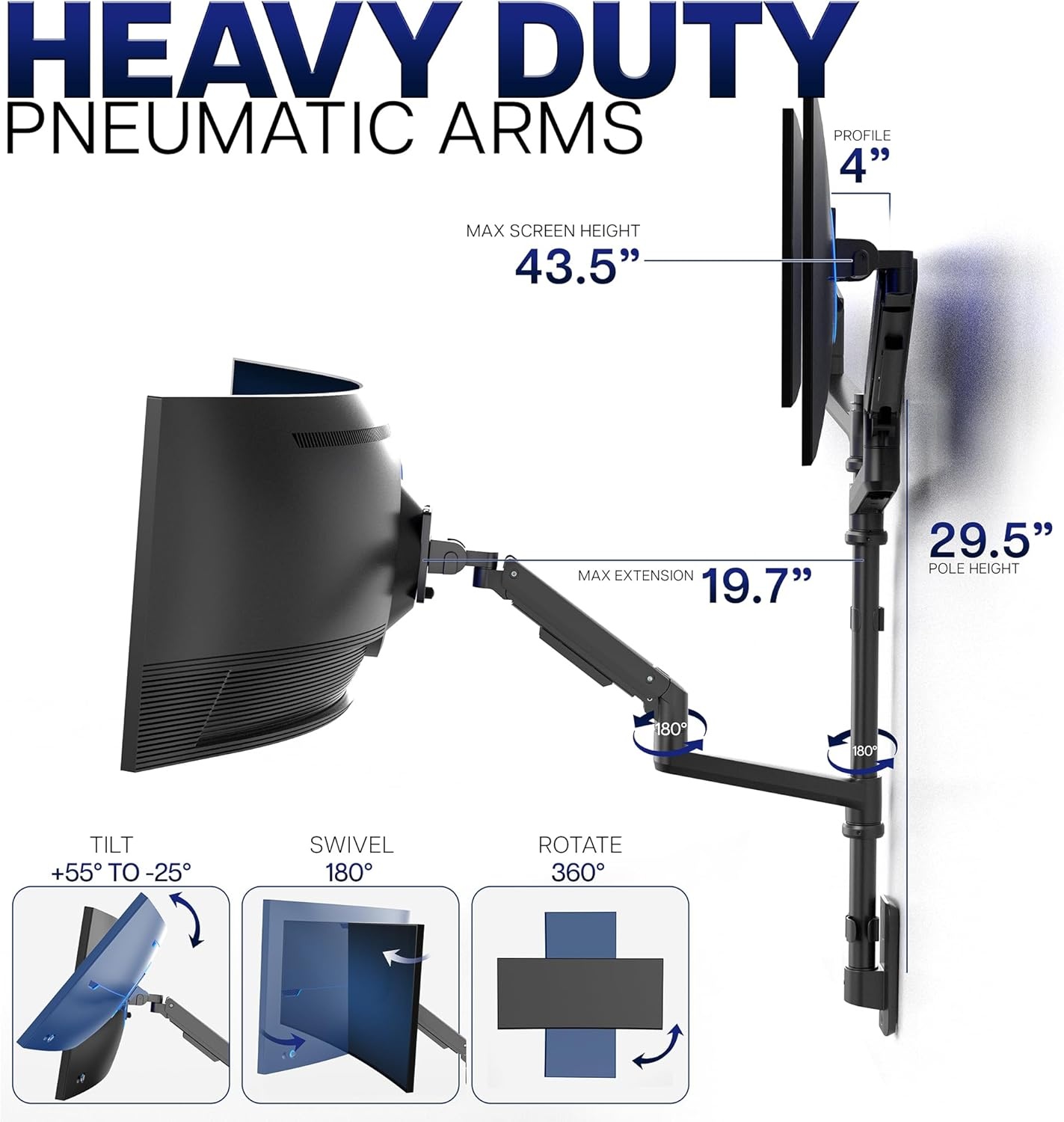 image:imageVIVO Pneumatic Arm Triple Ultrawide Monitor Extra Tall Desk Mount for Up to 49 inch Screens Heavy Duty Clamp Holds 3 Ultra Wides Up to 44 lbs Black STANDV300DTriple Mount