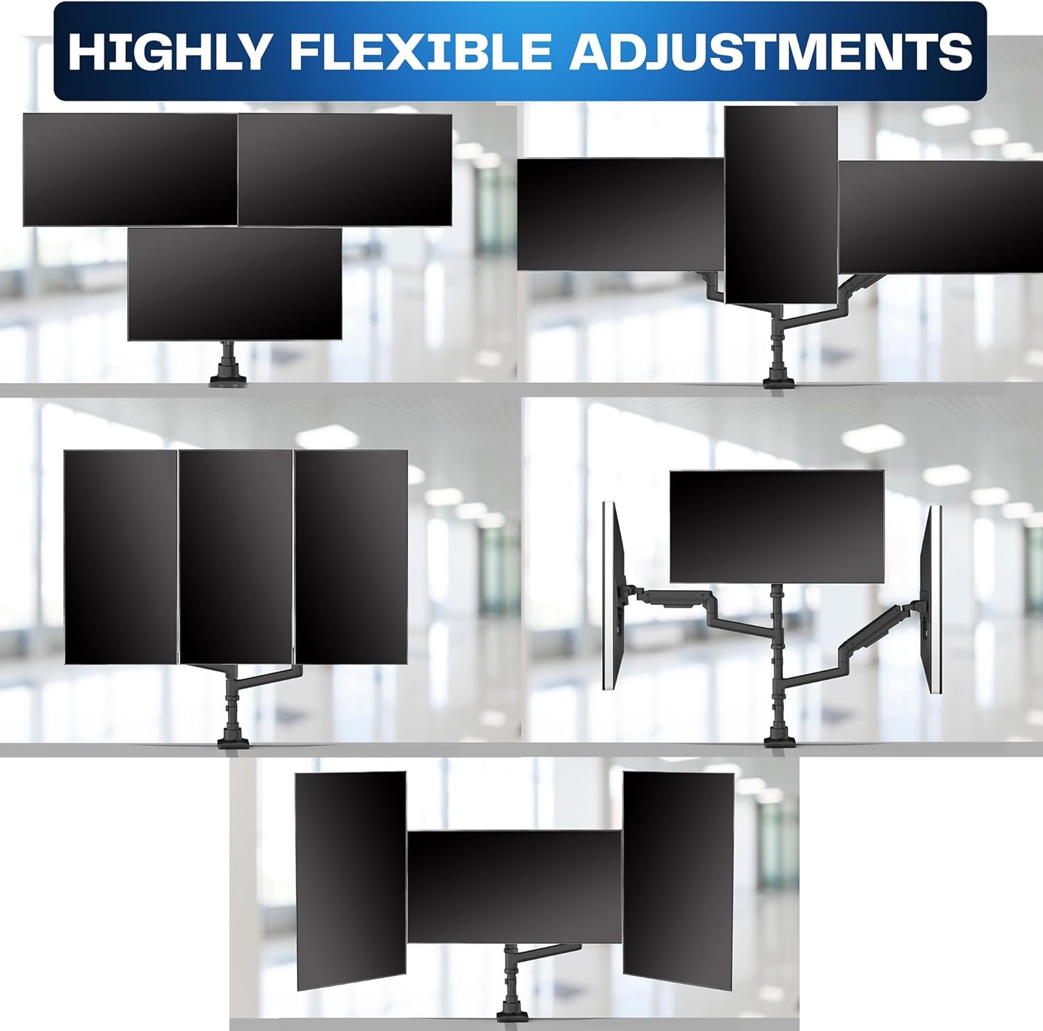 image:imageVIVO Pneumatic Arm Triple Ultrawide Monitor Extra Tall Desk Mount for Up to 49 inch Screens Heavy Duty Clamp Holds 3 Ultra Wides Up to 44 lbs Black STANDV300DTriple Mount