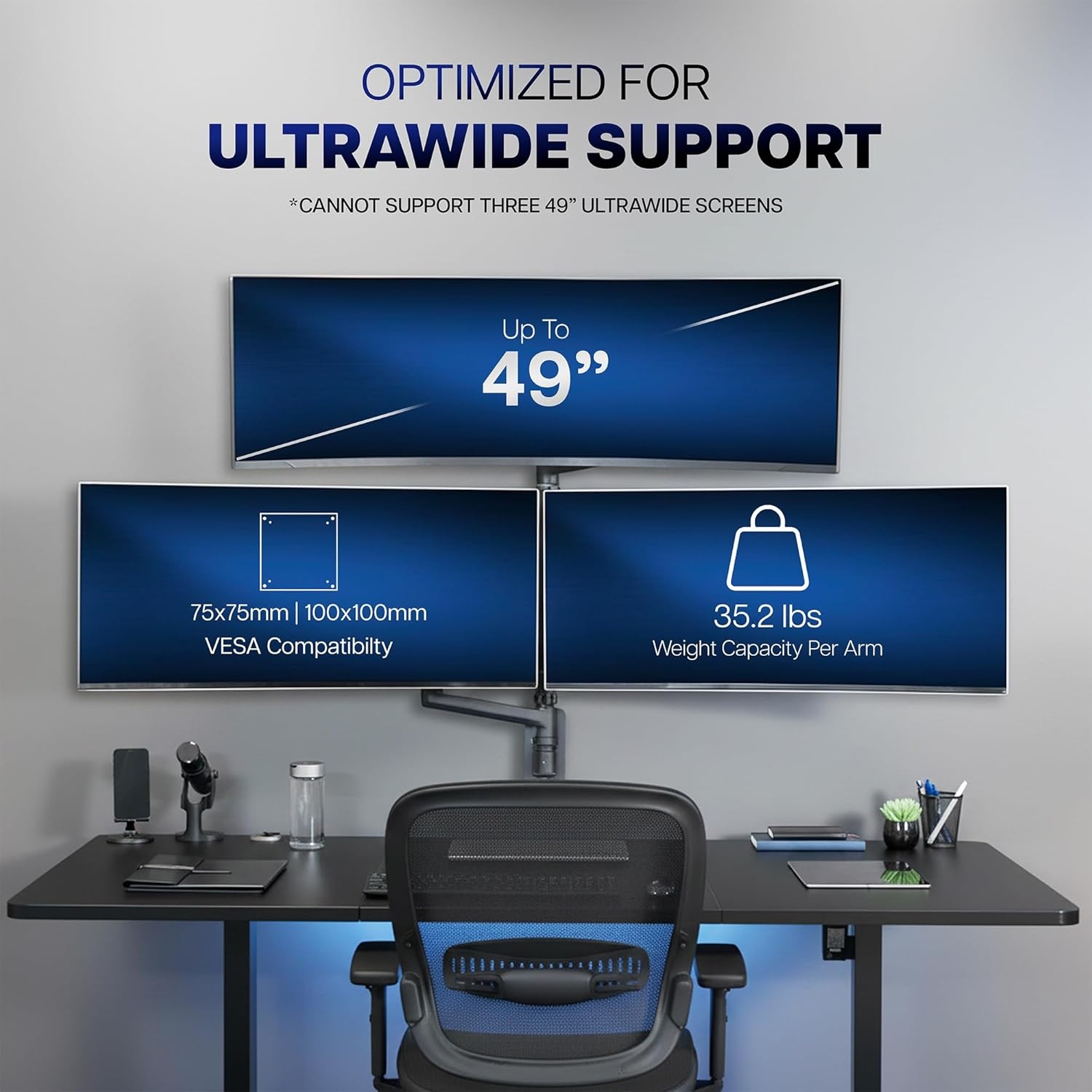 image:imageVIVO Pneumatic Arm Triple Ultrawide Monitor Extra Tall Desk Mount for Up to 49 inch Screens Heavy Duty Clamp Holds 3 Ultra Wides Up to 44 lbs Black STANDV300DTriple Mount