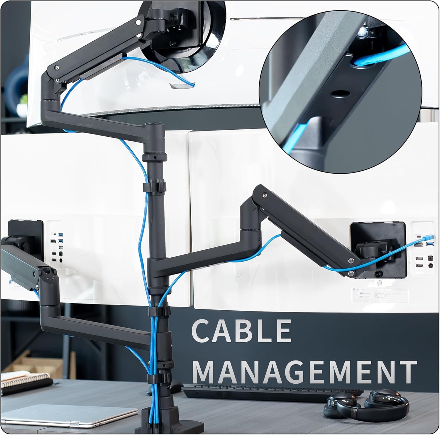 image:imageVIVO Pneumatic Arm Triple Ultrawide Monitor Extra Tall Desk Mount for Up to 49 inch Screens Heavy Duty Clamp Holds 3 Ultra Wides Up to 44 lbs Black STANDV300DTriple Mount