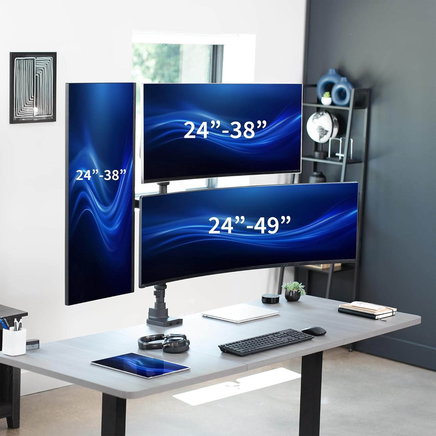image:imageVIVO Pneumatic Arm Triple Ultrawide Monitor Extra Tall Desk Mount for Up to 49 inch Screens Heavy Duty Clamp Holds 3 Ultra Wides Up to 44 lbs Black STANDV300DTriple Mount